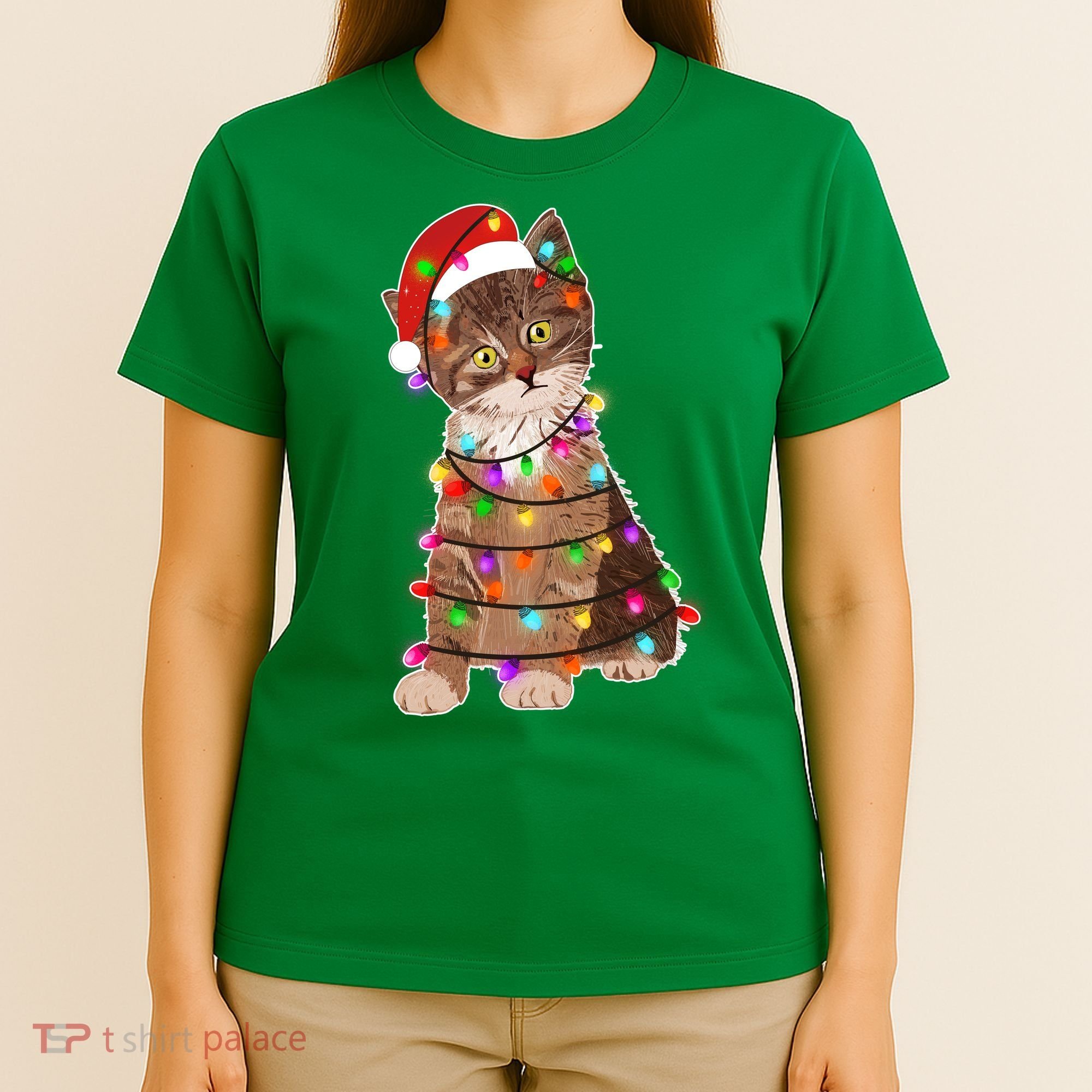 Cat Tangled in Christmas Lights Santa Kitten T-Shirt