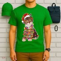 Cat Tangled in Christmas Lights Santa Kitten T-Shirt thumb 6