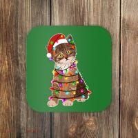 Cat Tangled in Christmas Lights Santa Kitten Coaster thumb 0