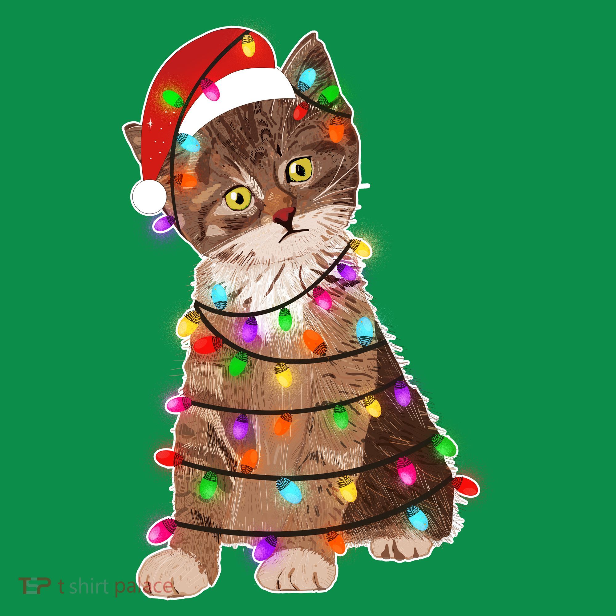 Cat Tangled in Christmas Lights Santa Kitten Ornament