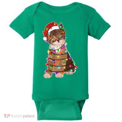 Cat Tangled in Christmas Lights Santa Kitten Baby Bodysuit