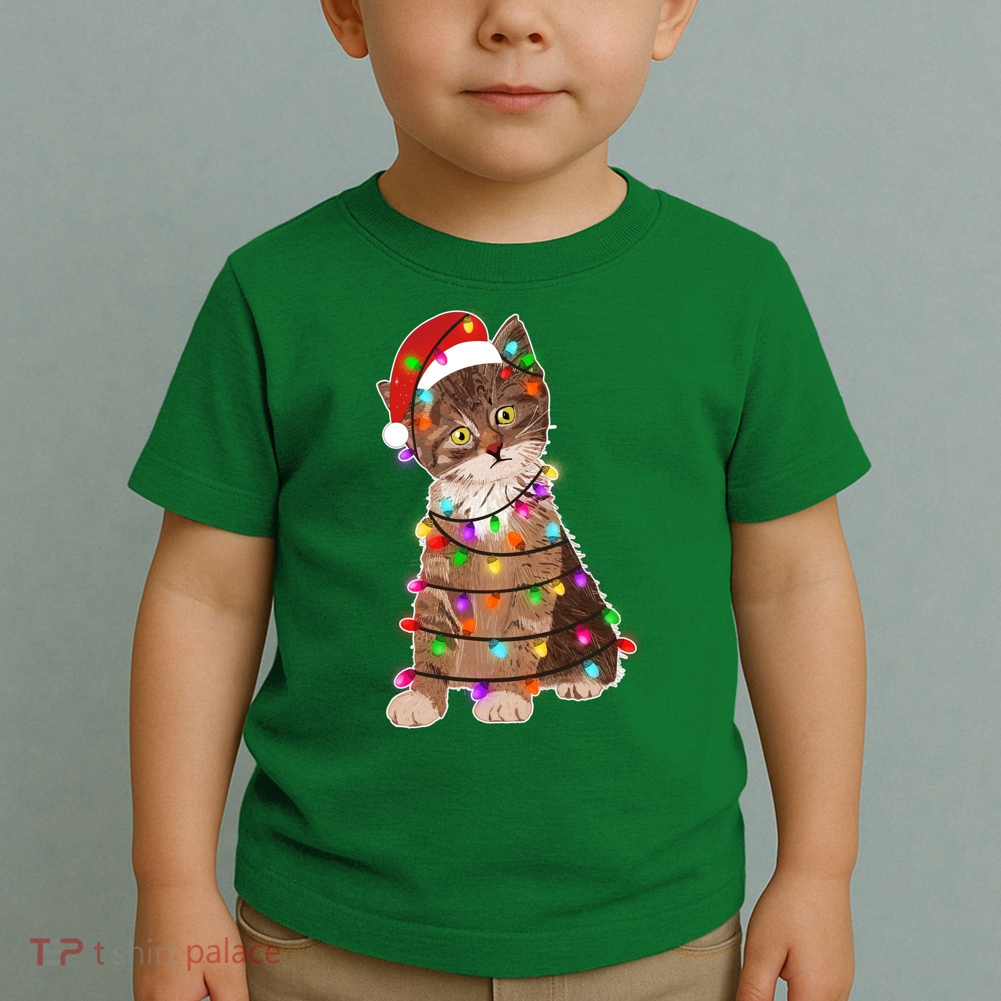 Cat Tangled in Christmas Lights Santa Kitten Toddler T-Shirt