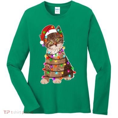 Cat Tangled in Christmas Lights Santa Kitten Women's Long Sleeve Shirt