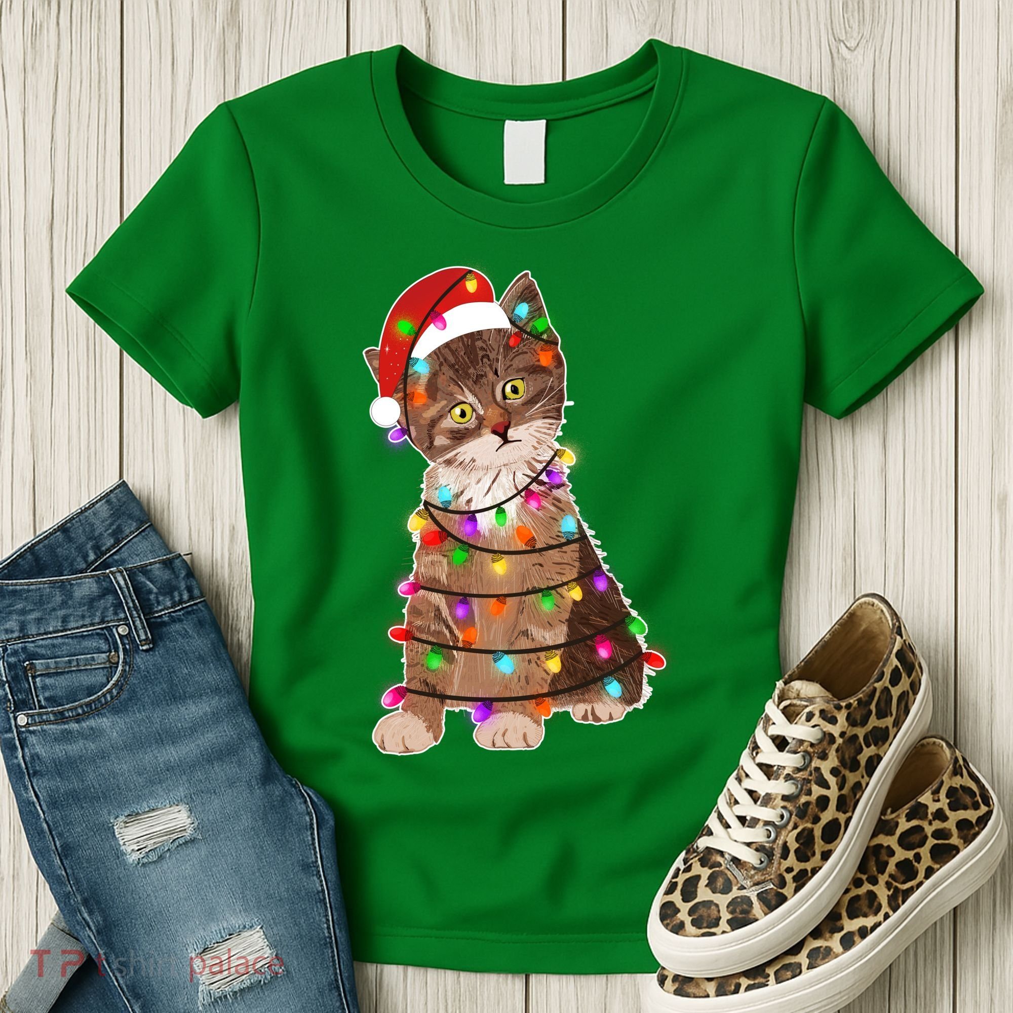 Cat Tangled in Christmas Lights Santa Kitten Women's T-Shirt