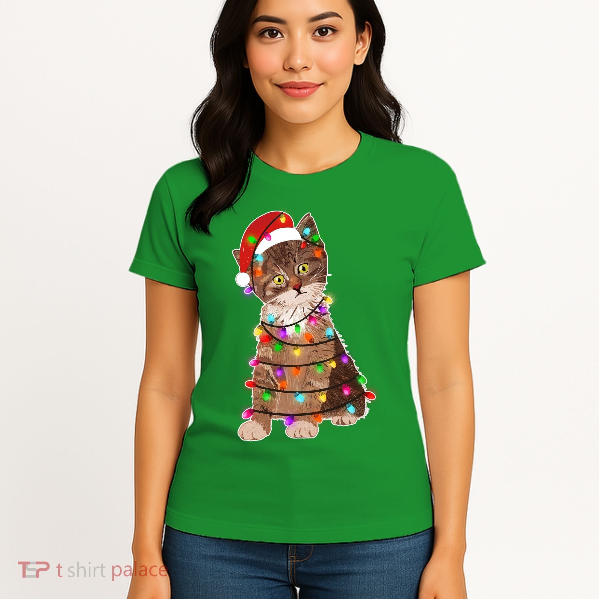 Cat Tangled in Christmas Lights Santa Kitten Women's T-Shirt