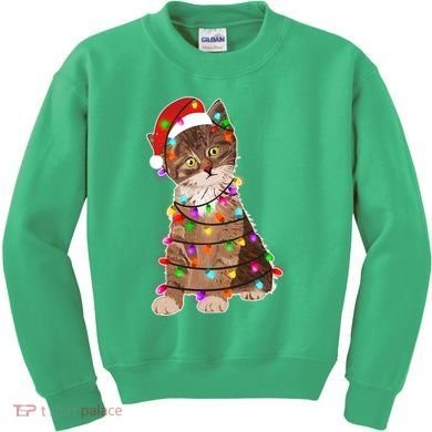 Cat Tangled in Christmas Lights Santa Kitten Kids Sweatshirt