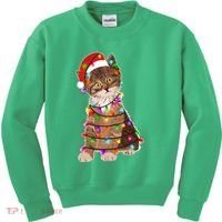 Cat Tangled in Christmas Lights Santa Kitten Kids Sweatshirt thumb 0