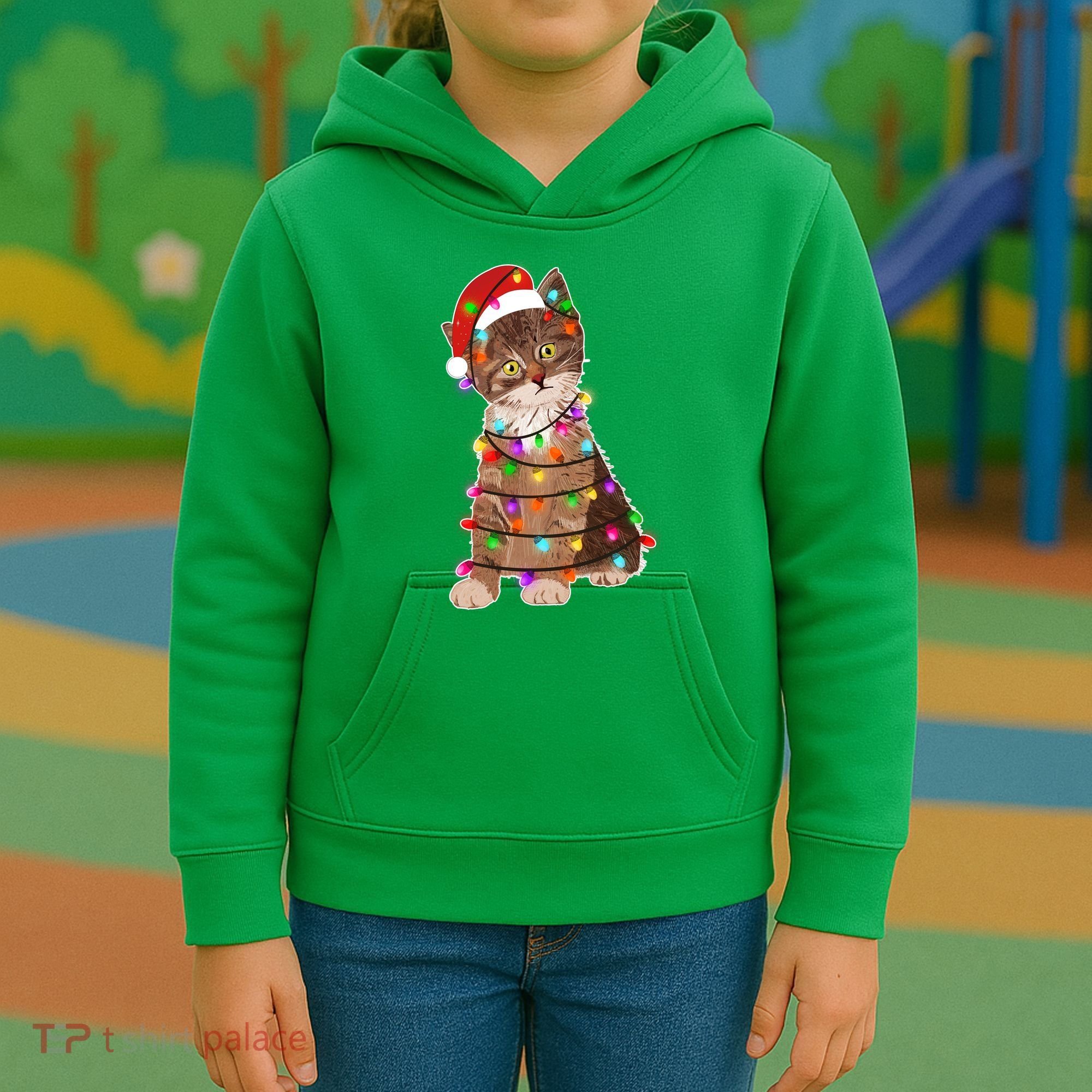 Cat Tangled in Christmas Lights Santa Kitten Kids Hoodie