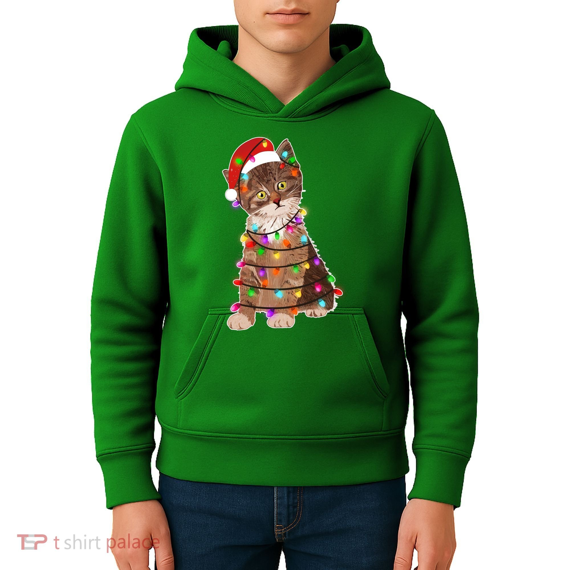 Cat Tangled in Christmas Lights Santa Kitten Kids Hoodie