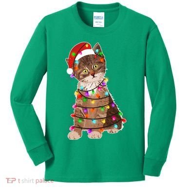 Cat Tangled in Christmas Lights Santa Kitten Kids Long Sleeve Shirt