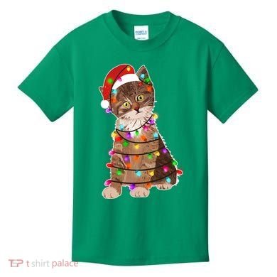 Cat Tangled in Christmas Lights Santa Kitten Kids T-Shirt