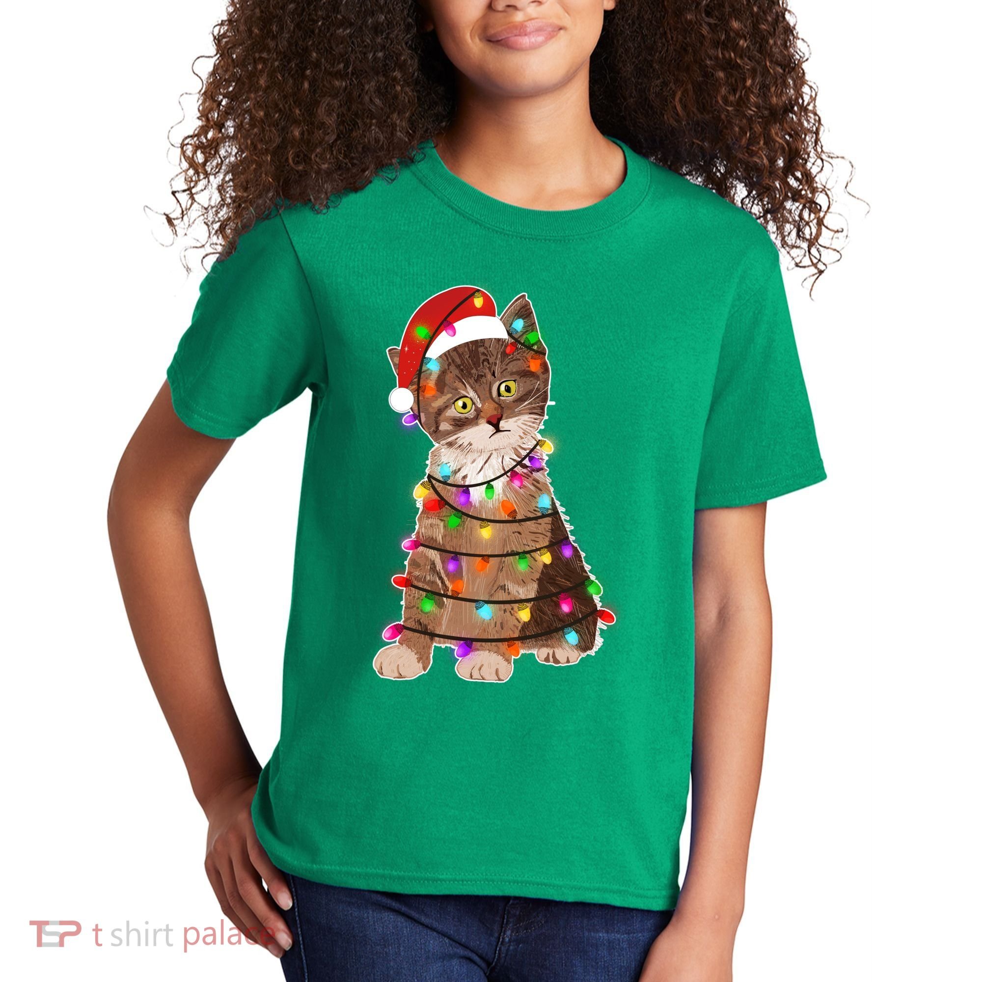 Cat Tangled in Christmas Lights Santa Kitten Kids T-Shirt