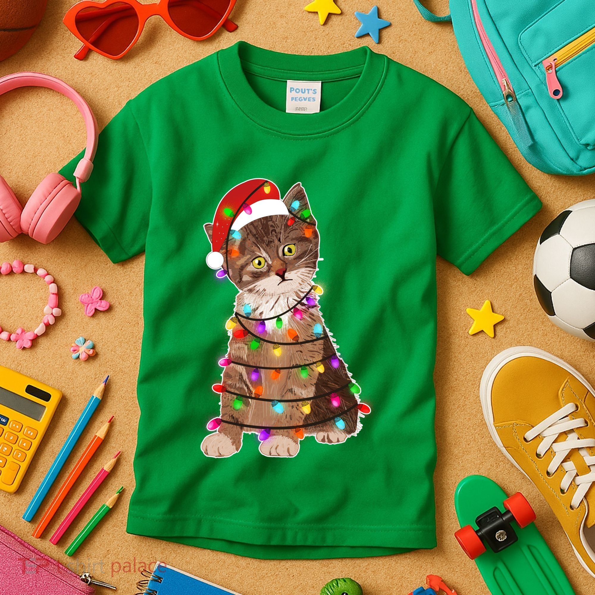 Cat Tangled in Christmas Lights Santa Kitten Kids T-Shirt