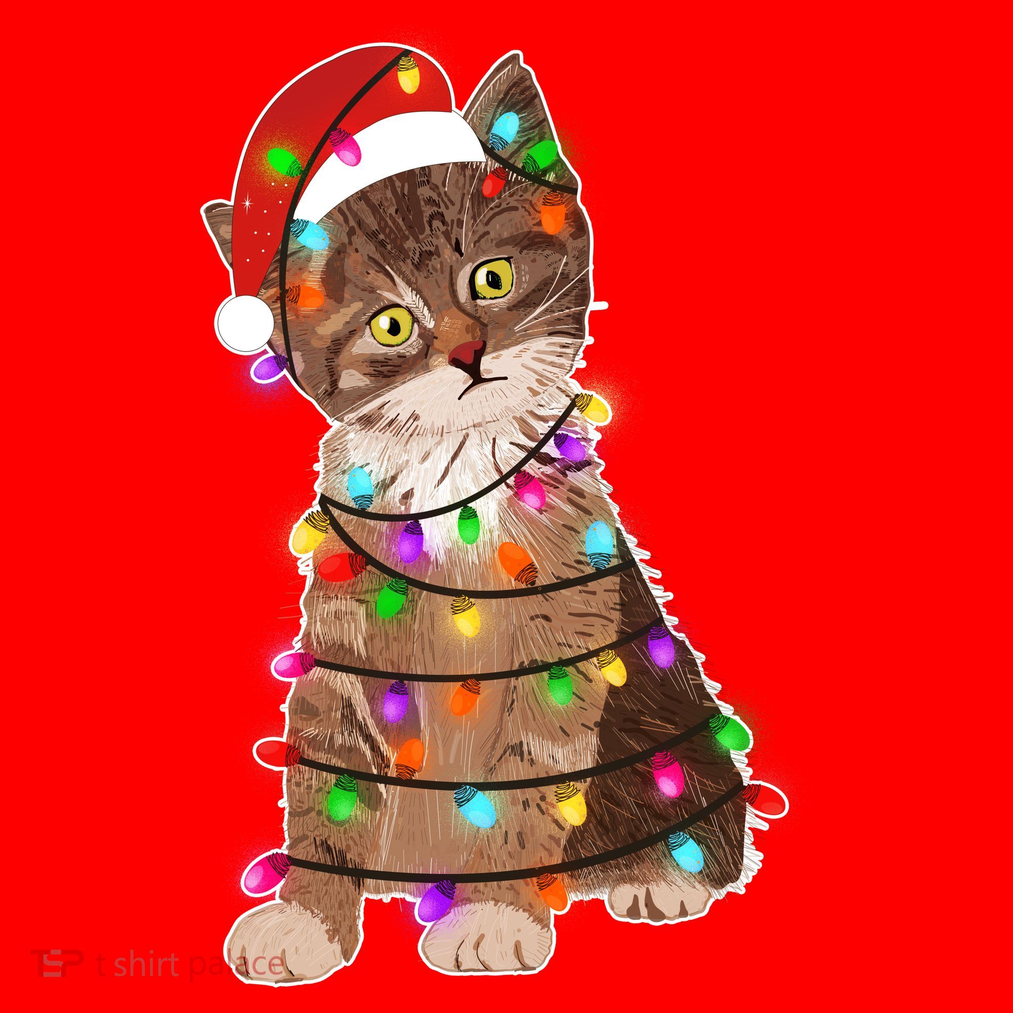 Cat Tangled in Christmas Lights Santa Kitten Santa Hat