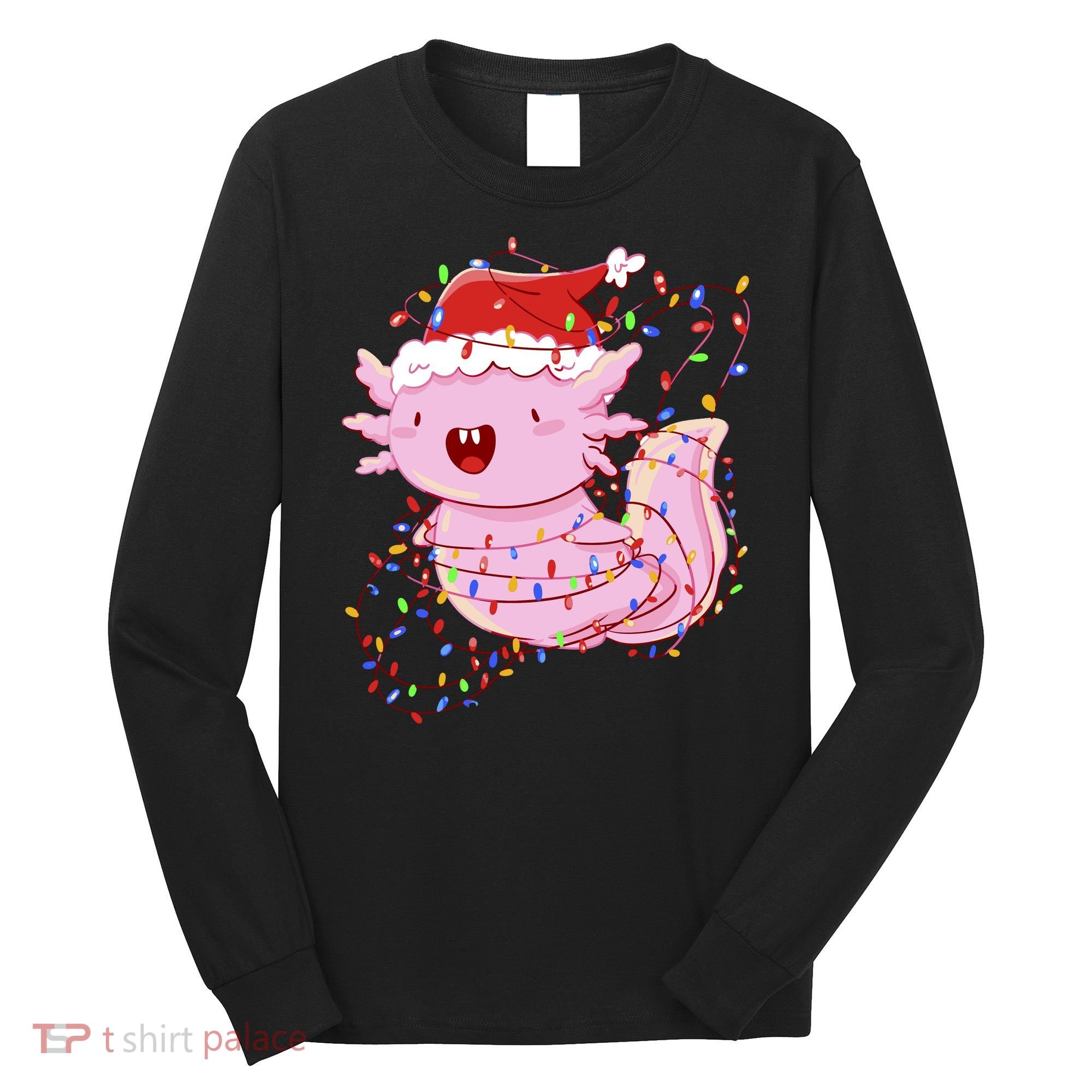 Cute Axolotl Tangled In Christmas Lights Santa Hat Long Sleeve Shirt