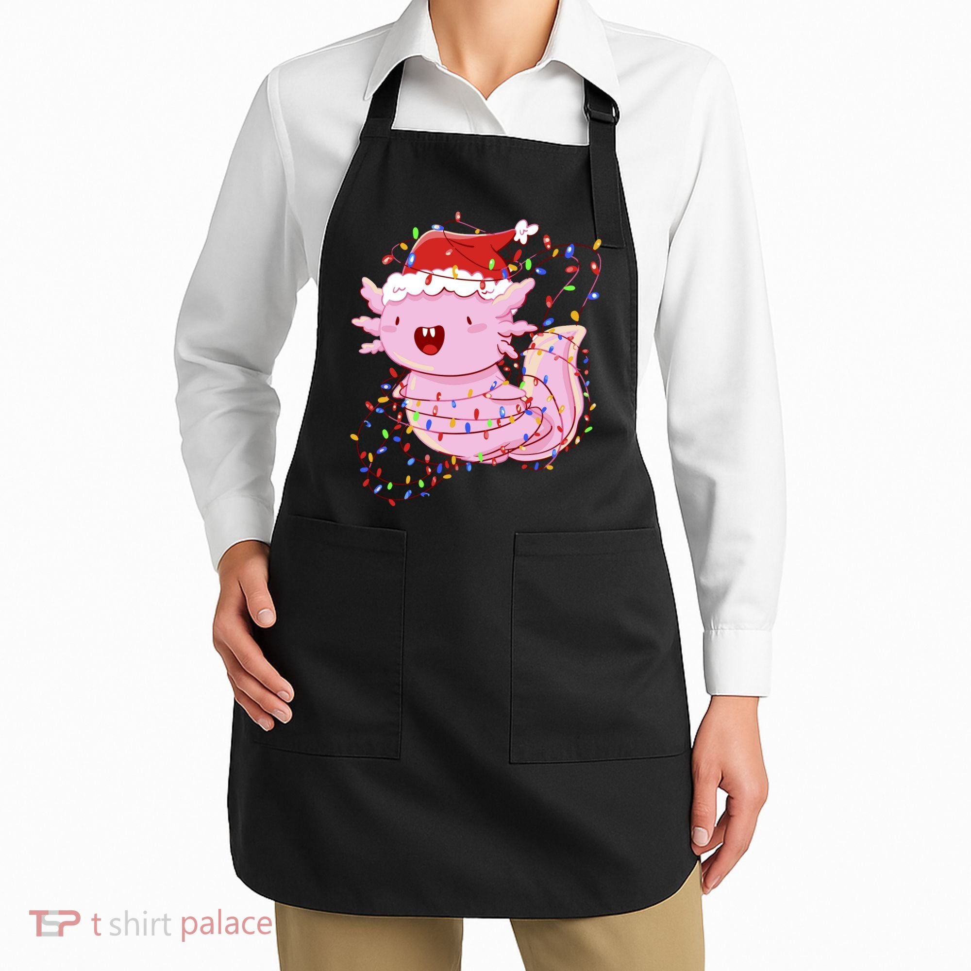 Cute Axolotl Tangled In Christmas Lights Santa Hat Apron