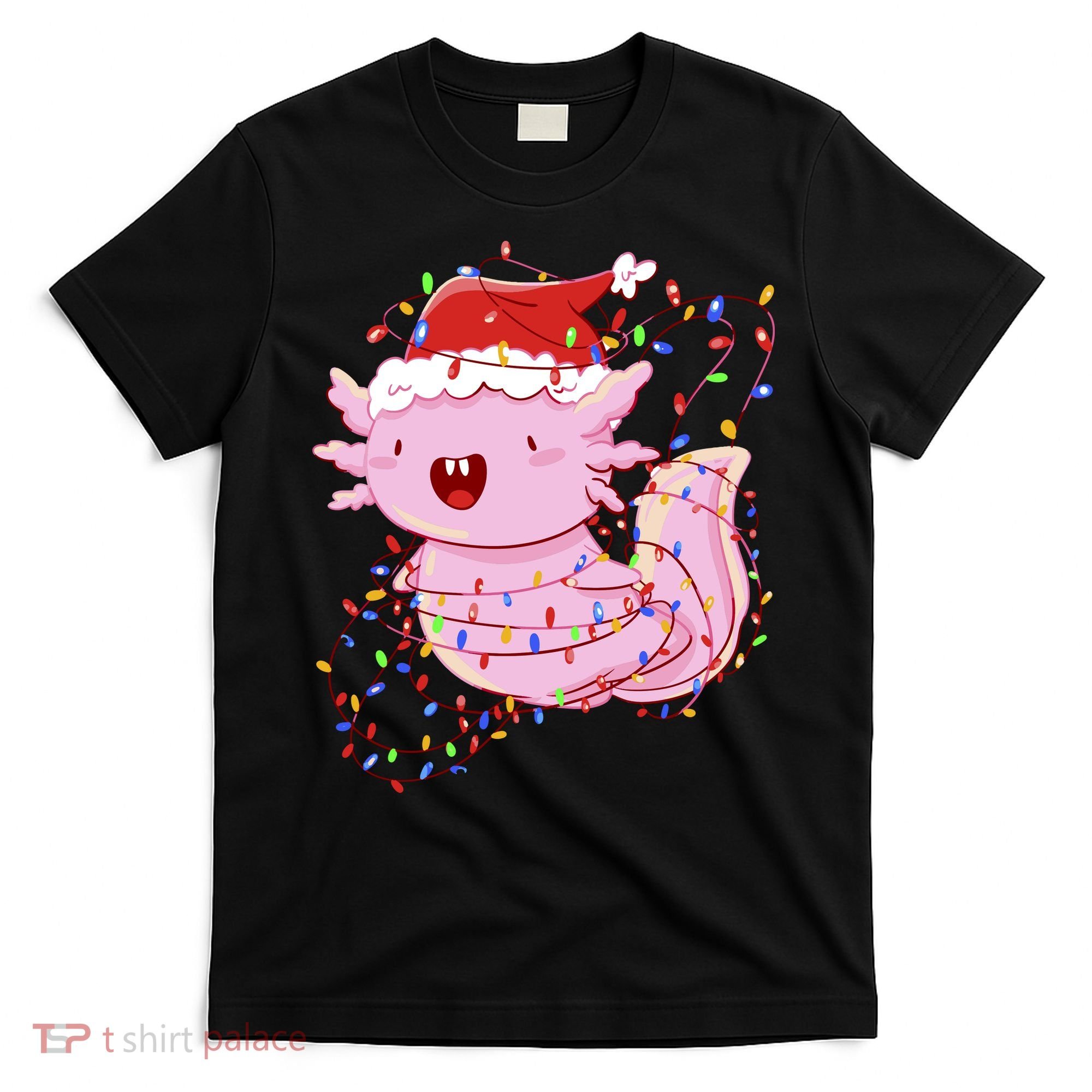Cute Axolotl Tangled In Christmas Lights Santa Hat T-Shirt