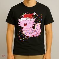 Cute Axolotl Tangled In Christmas Lights Santa Hat T-Shirt thumb 3