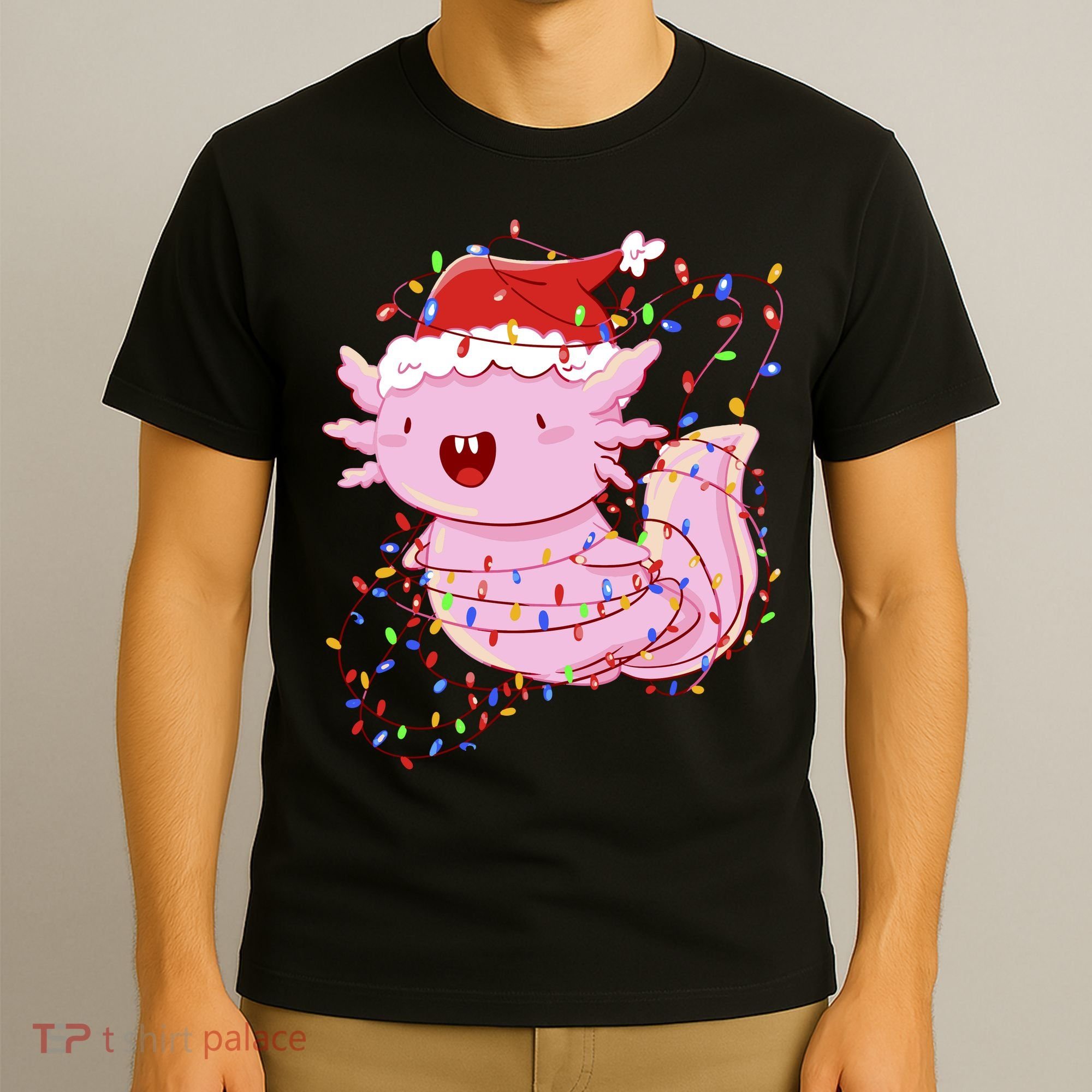 Cute Axolotl Tangled In Christmas Lights Santa Hat T-Shirt