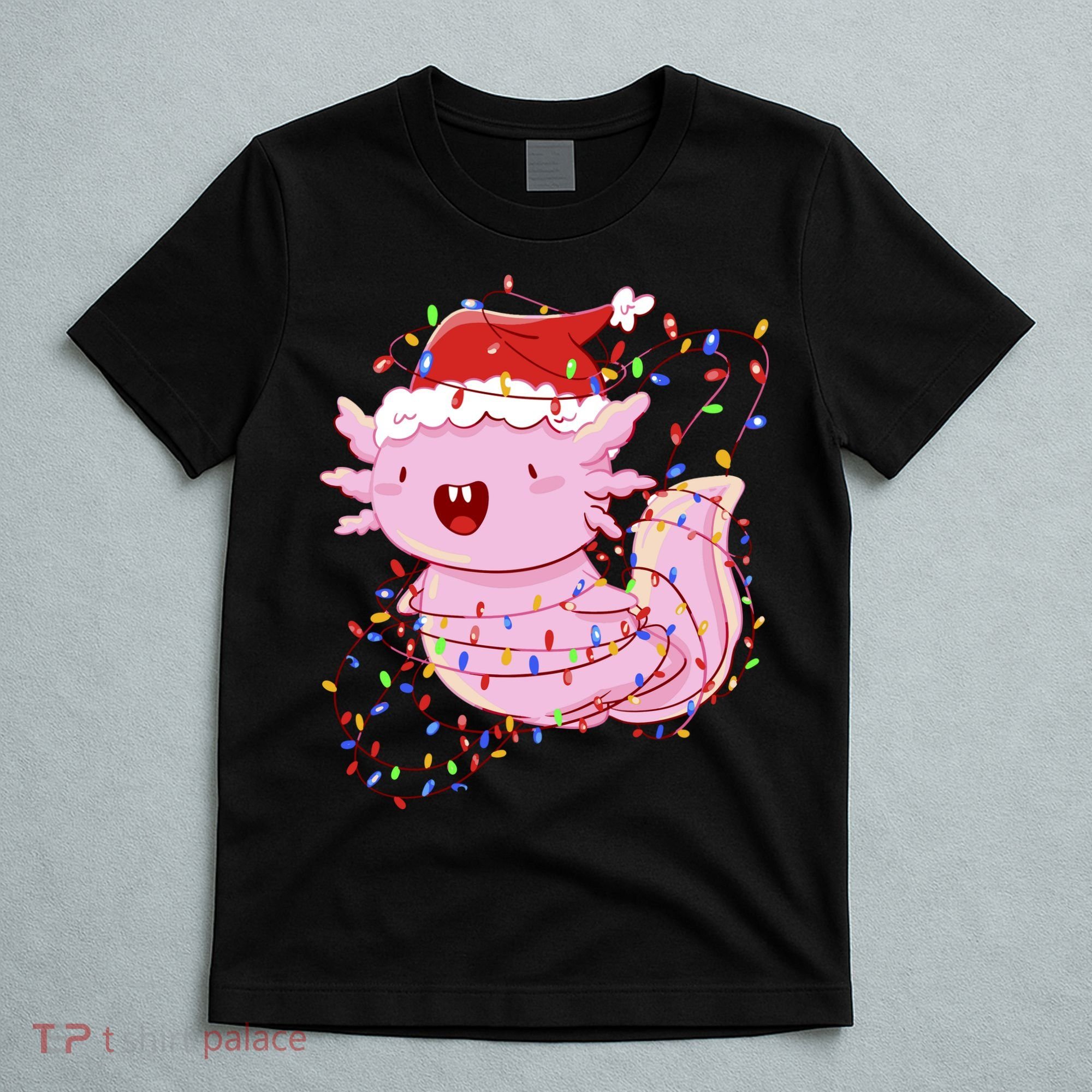 Cute Axolotl Tangled In Christmas Lights Santa Hat T-Shirt