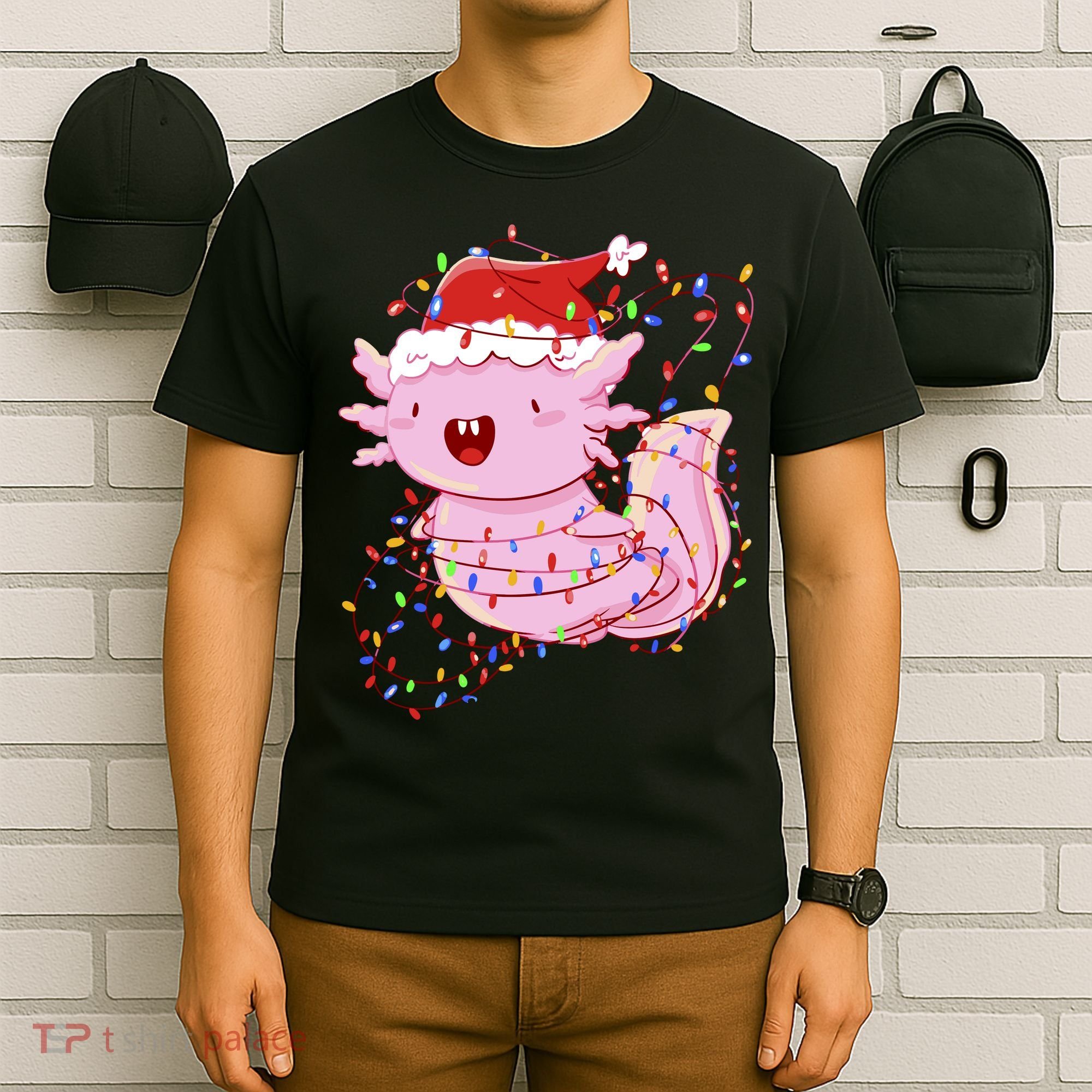 Cute Axolotl Tangled In Christmas Lights Santa Hat T-Shirt