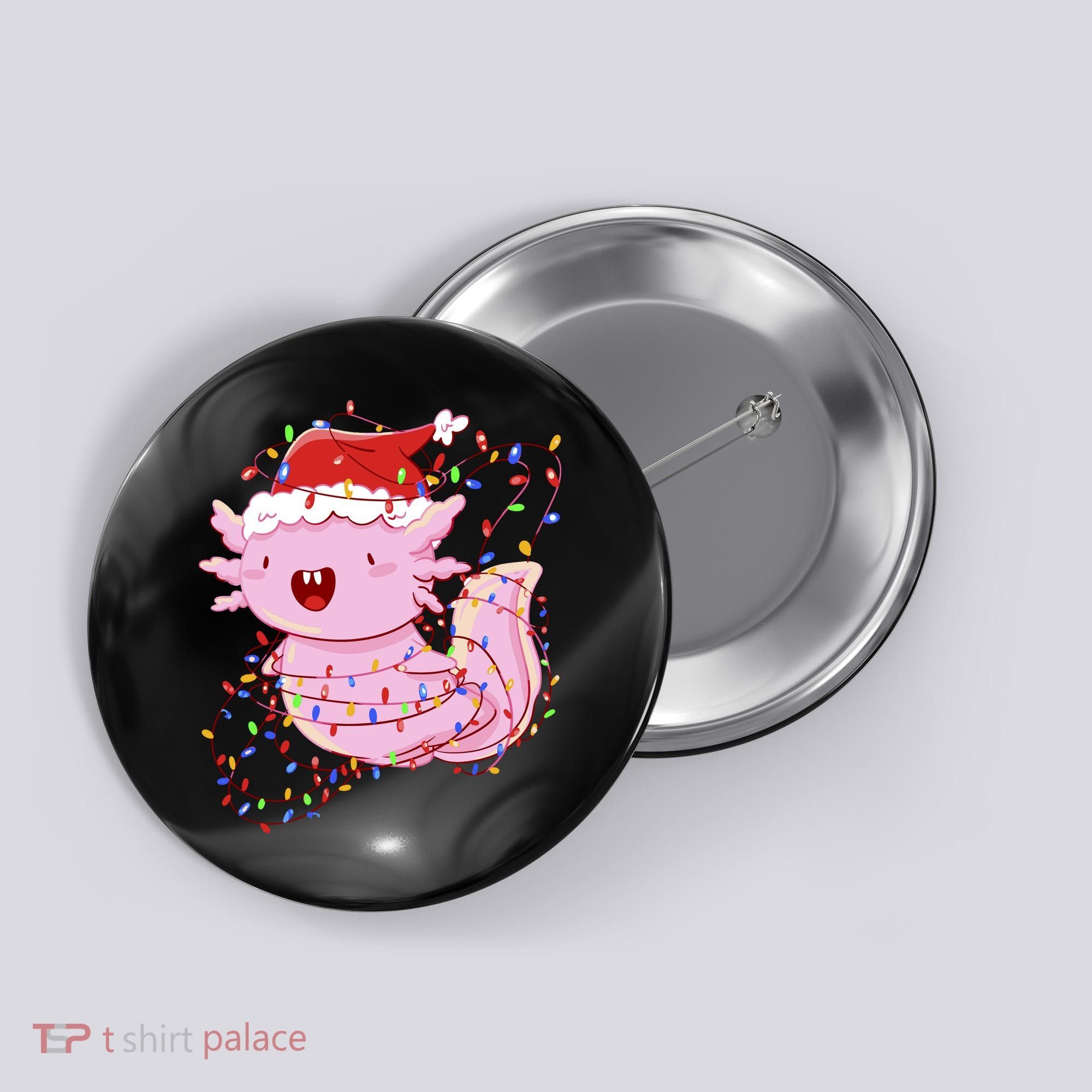 Cute Axolotl Tangled In Christmas Lights Santa Hat Button