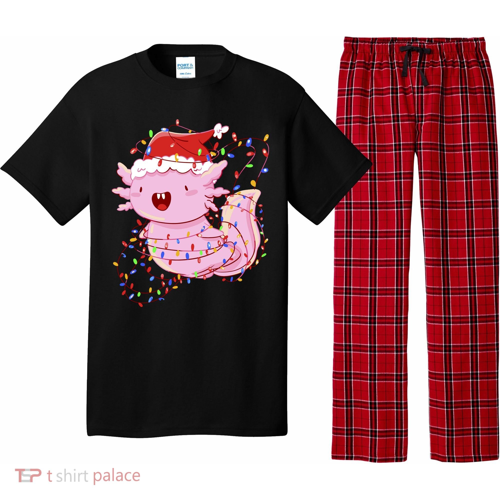 Cute Axolotl Tangled In Christmas Lights Santa Hat Pajama Set