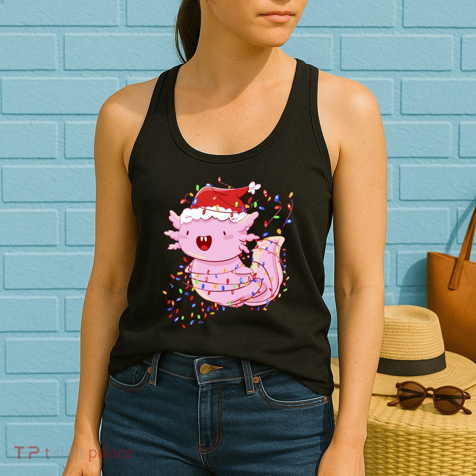 Cute Axolotl Tangled In Christmas Lights Santa Hat Women's Tank Top