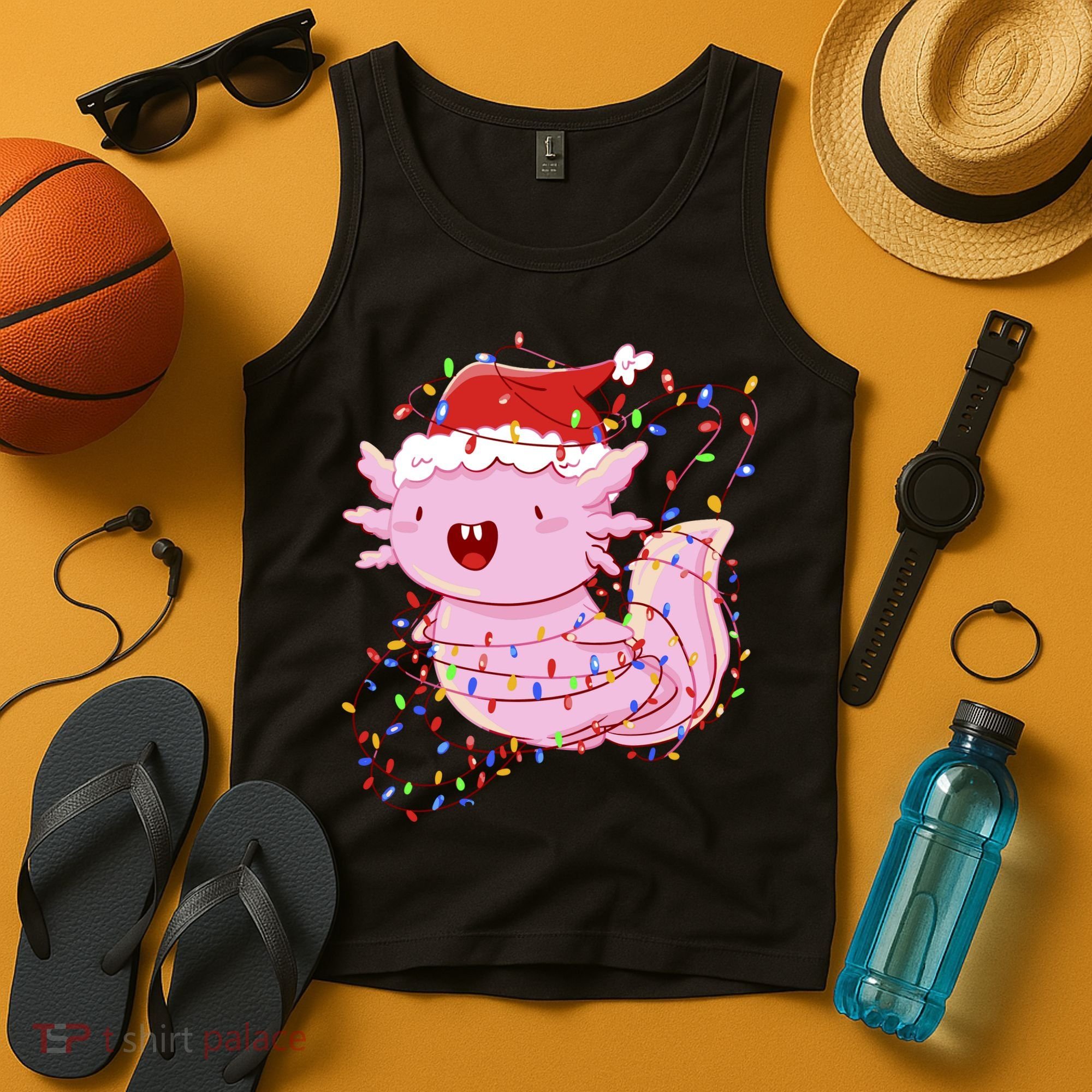 Cute Axolotl Tangled In Christmas Lights Santa Hat Tank Top