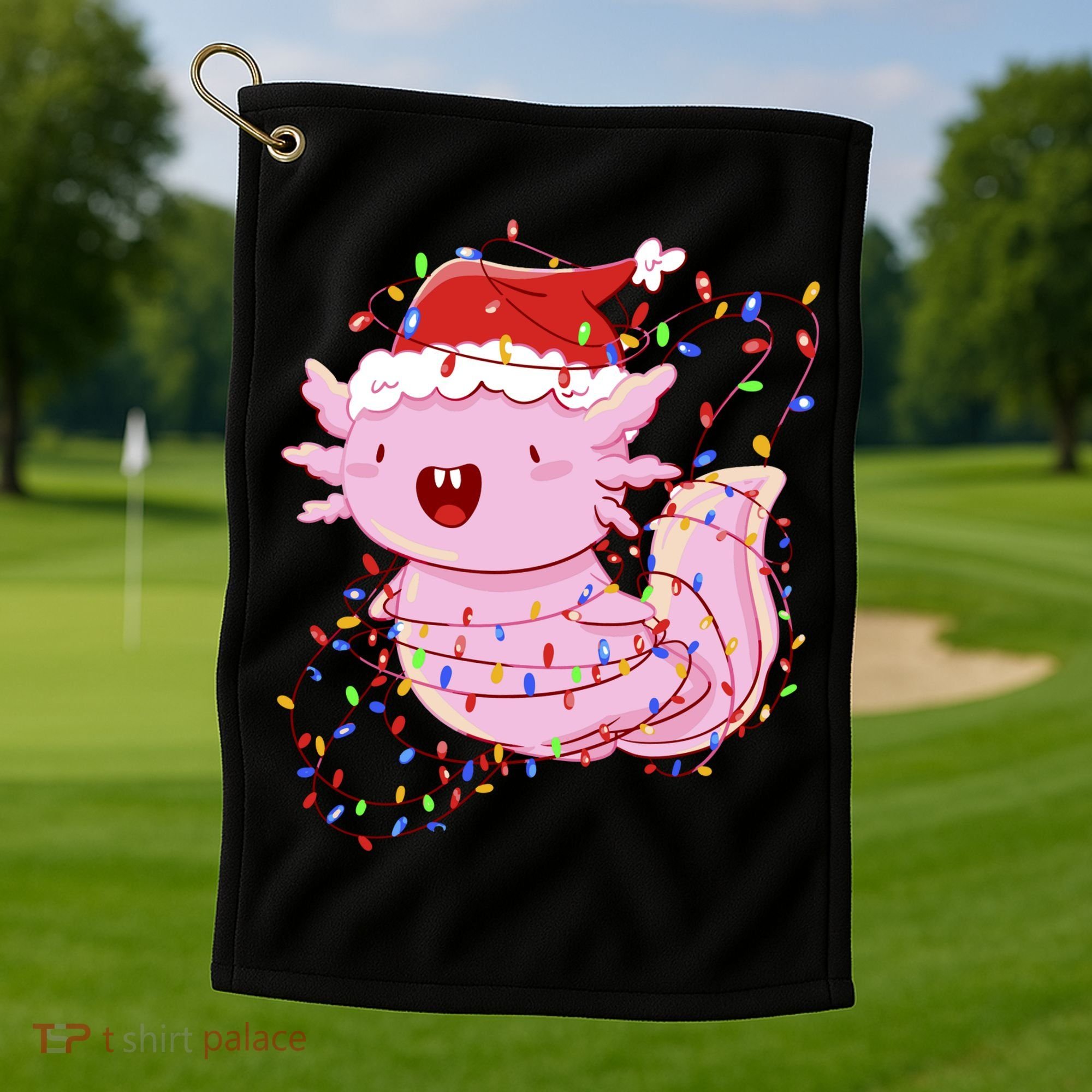 Cute Axolotl Tangled In Christmas Lights Santa Hat Golf Towel