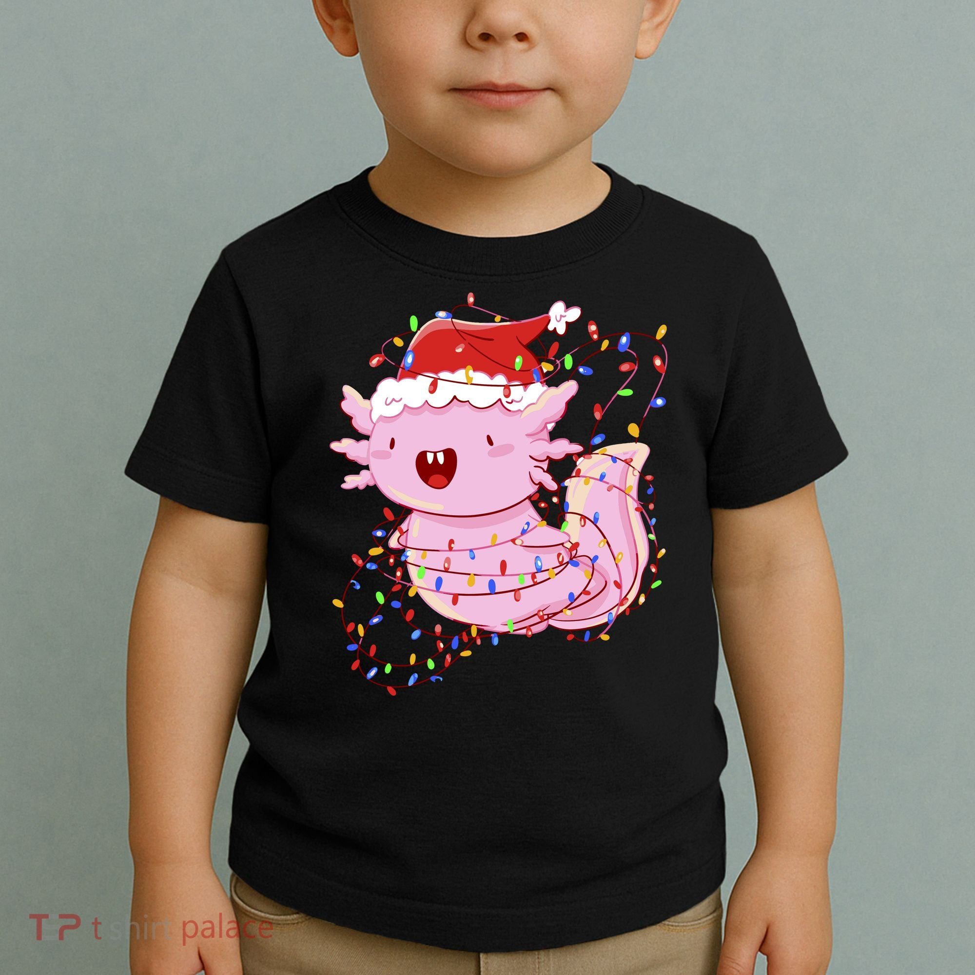 Cute Axolotl Tangled In Christmas Lights Santa Hat Toddler T-Shirt