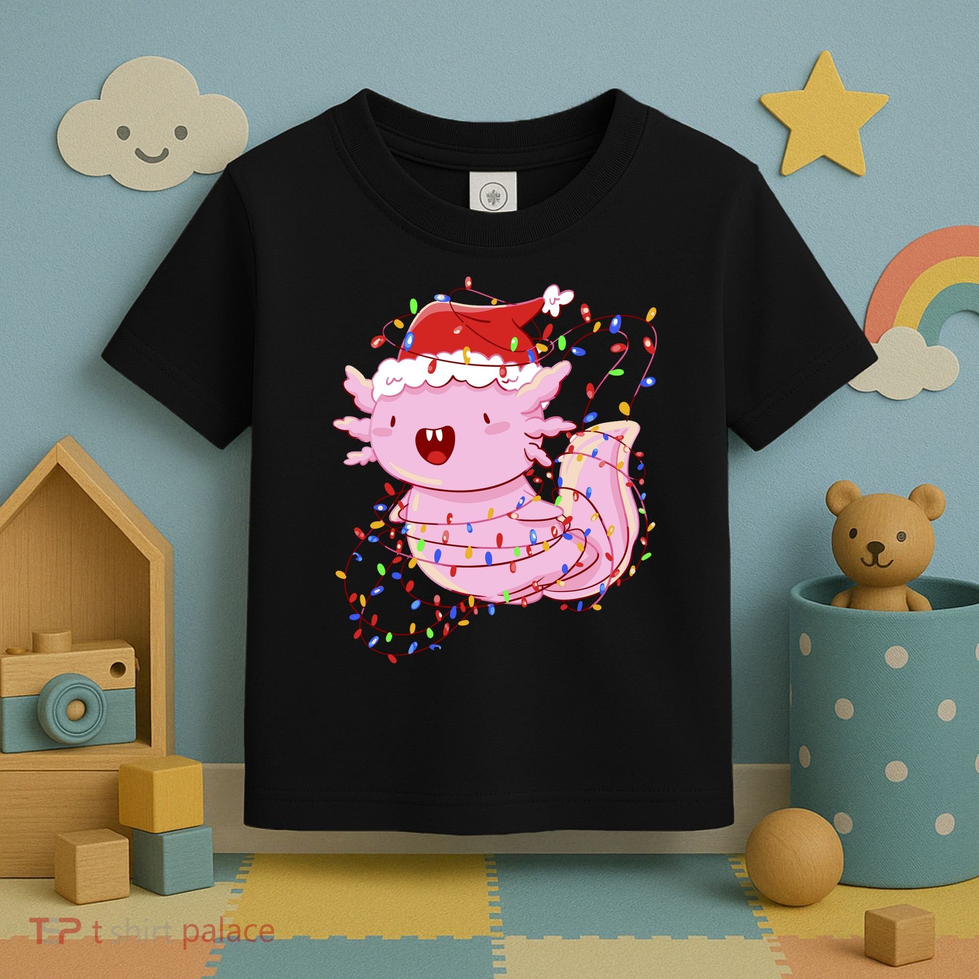 Cute Axolotl Tangled In Christmas Lights Santa Hat Toddler T-Shirt