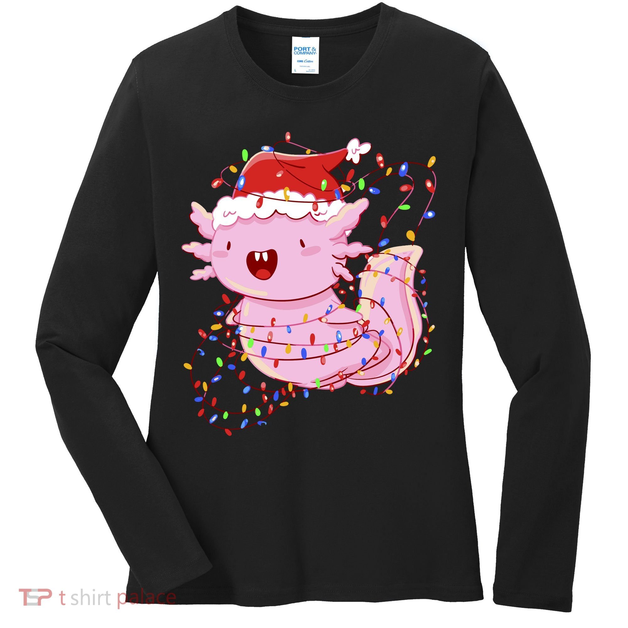Cute Axolotl Tangled In Christmas Lights Santa Hat Women's Long Sleeve Shirt
