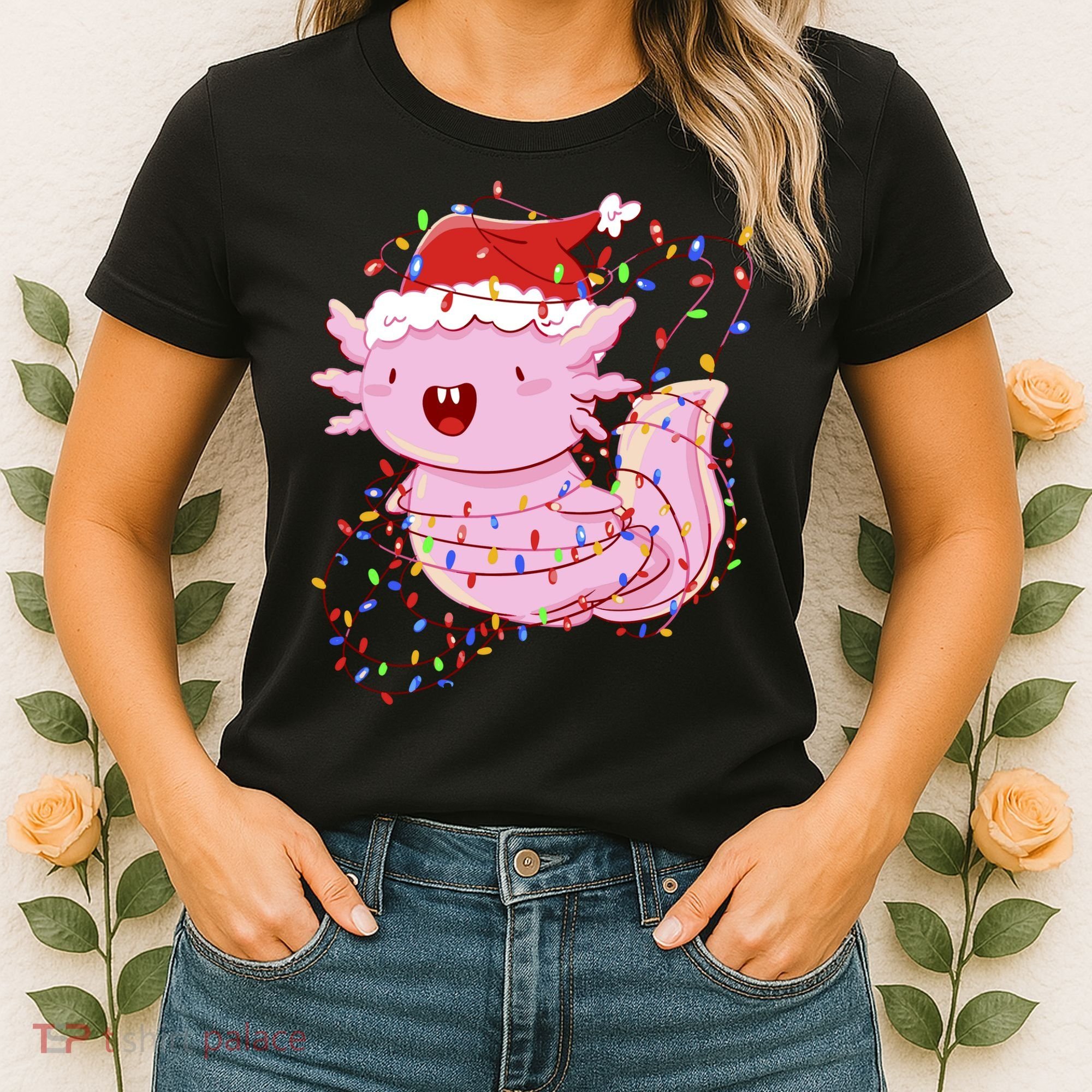 Cute Axolotl Tangled In Christmas Lights Santa Hat Women's T-Shirt