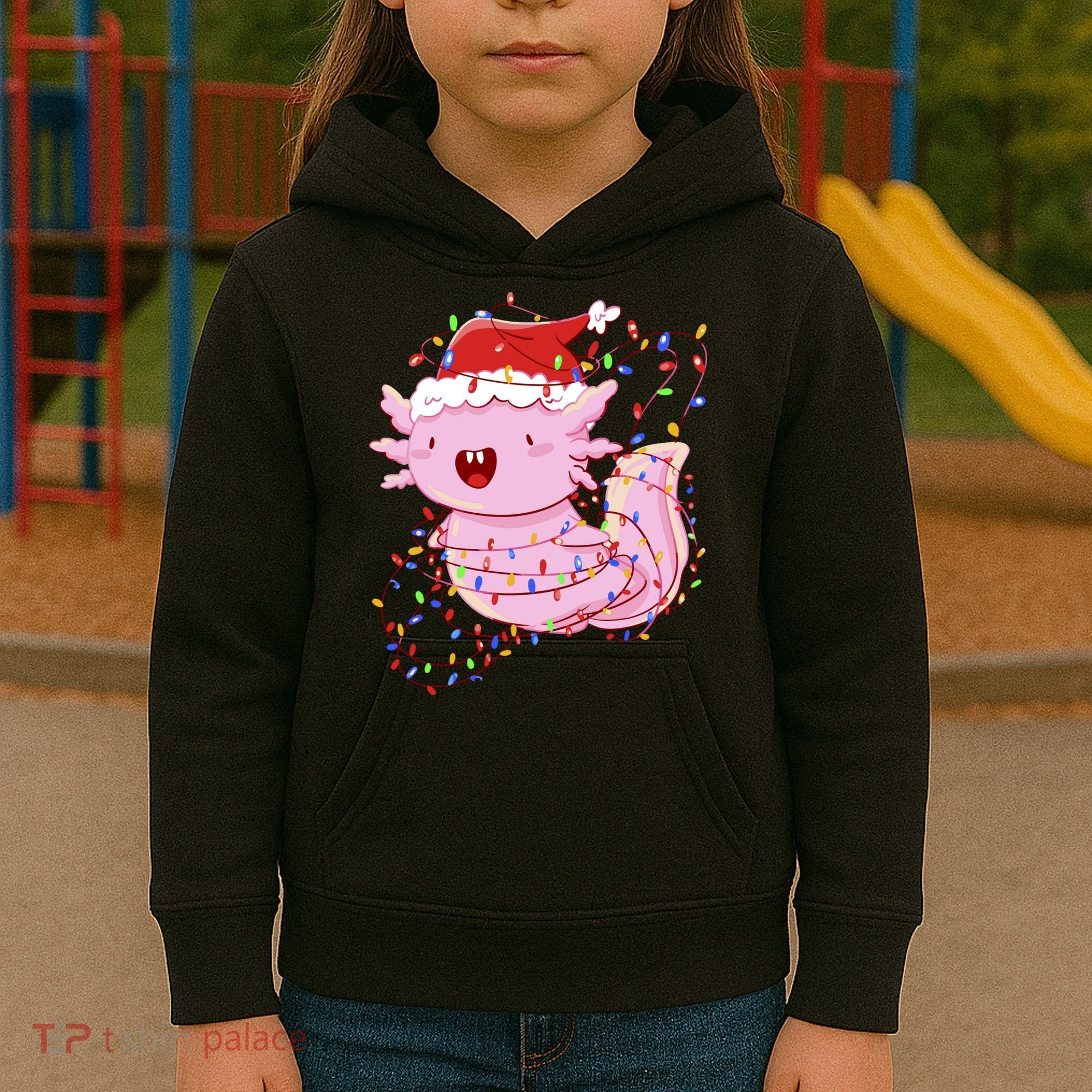 Cute Axolotl Tangled In Christmas Lights Santa Hat Kids Hoodie