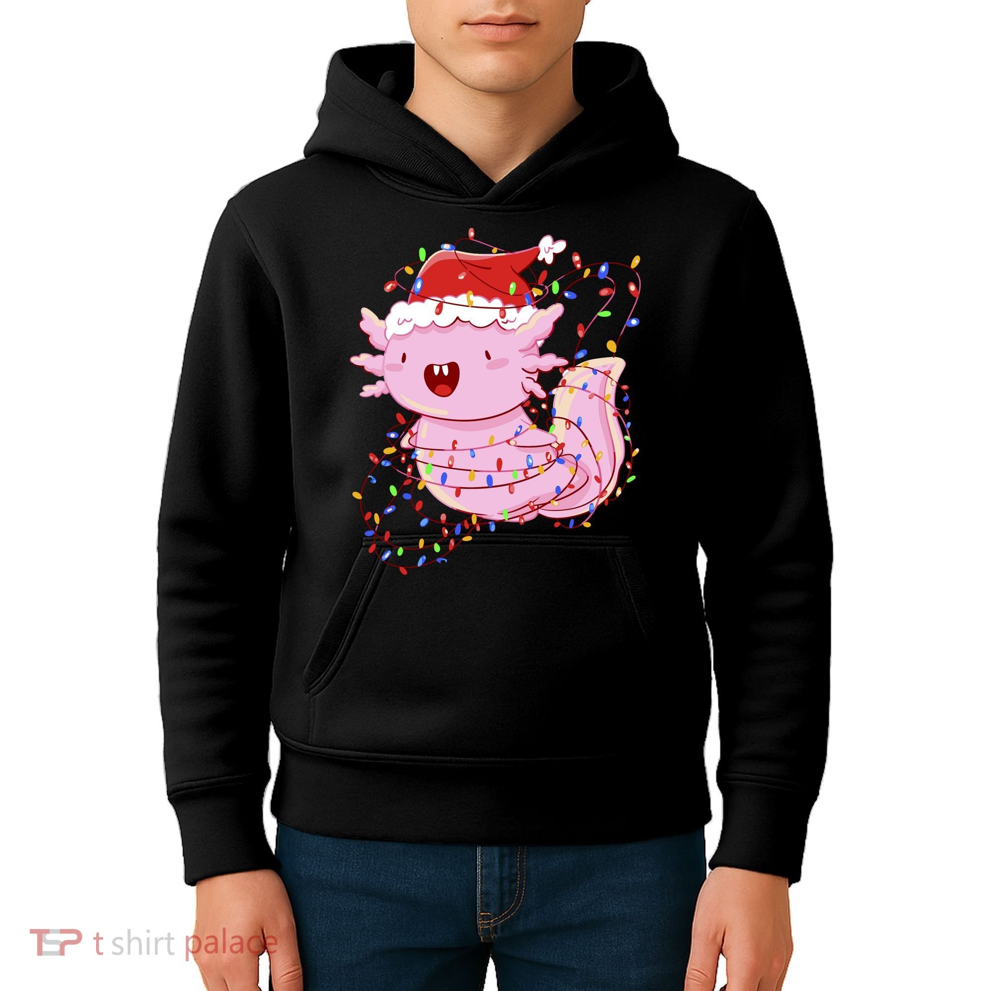 Cute Axolotl Tangled In Christmas Lights Santa Hat Kids Hoodie