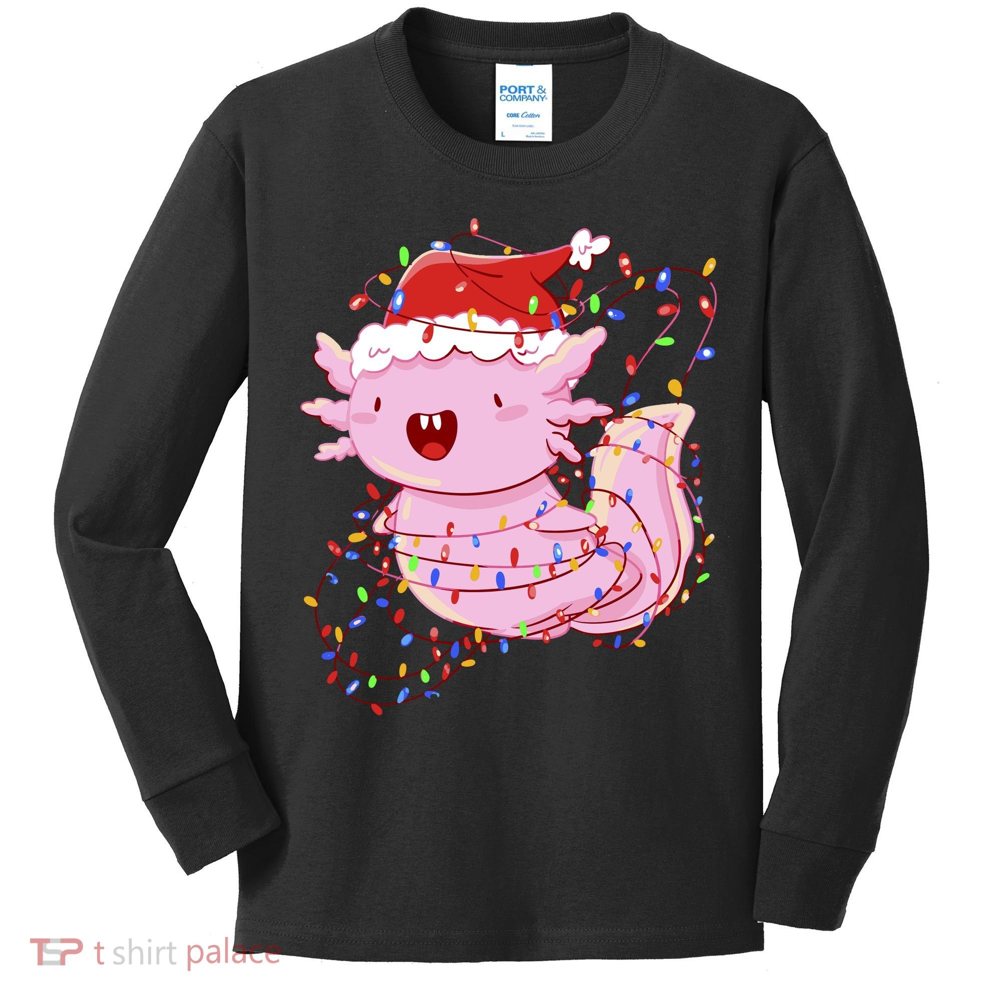 Cute Axolotl Tangled In Christmas Lights Santa Hat Kids Long Sleeve Shirt