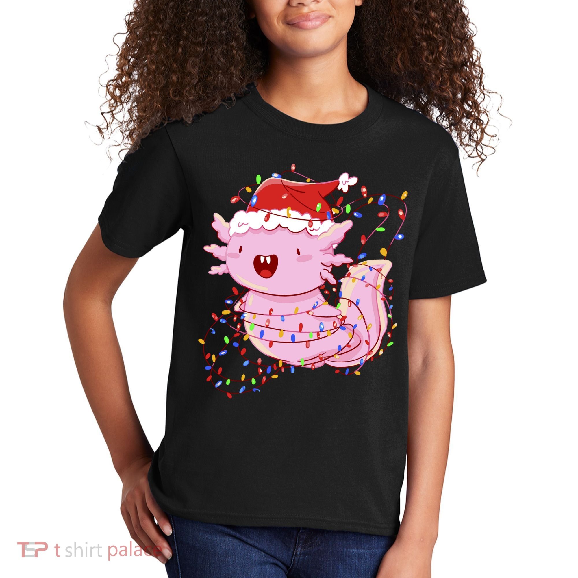 Cute Axolotl Tangled In Christmas Lights Santa Hat Kids T-Shirt