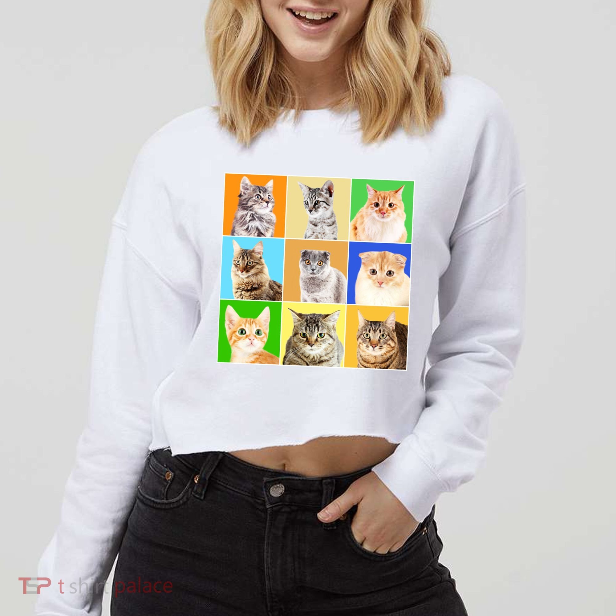 Cats Photo Portraits Collage Cropped Pullover Crew