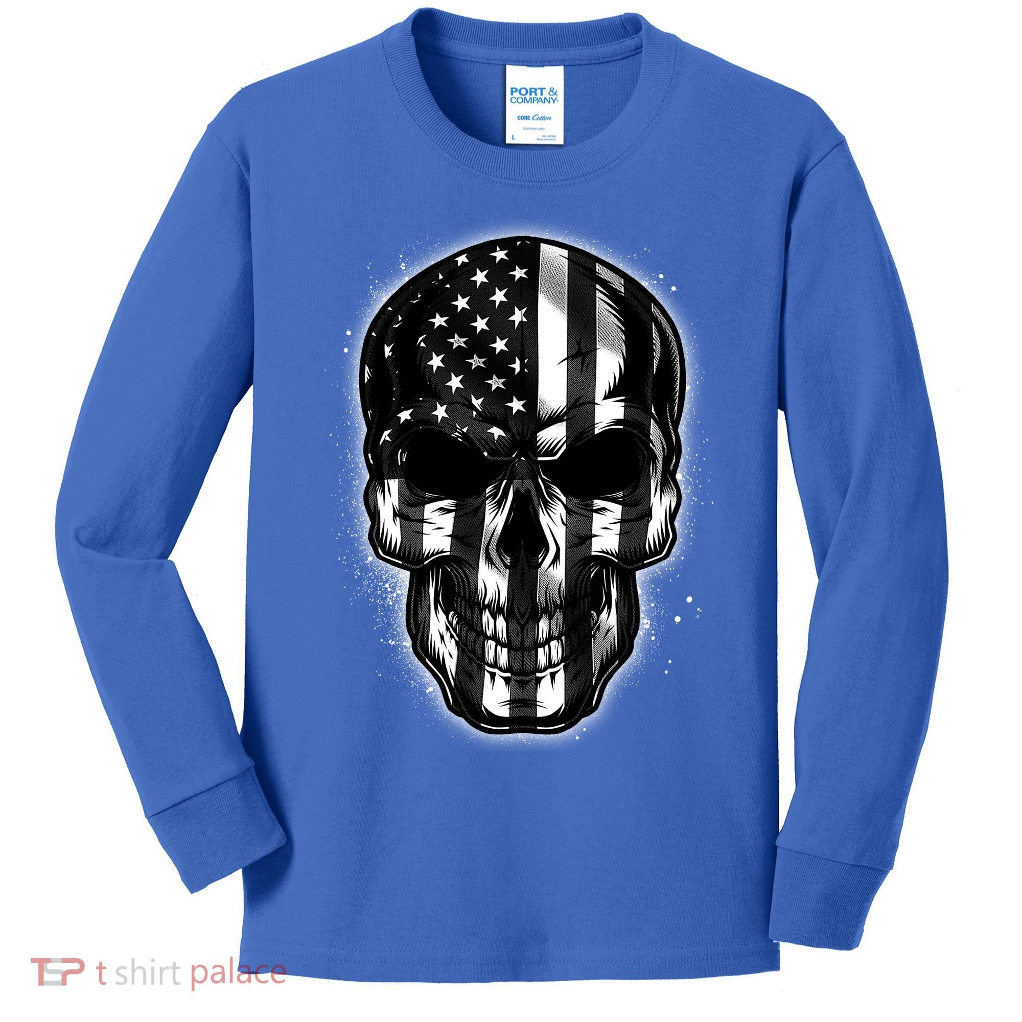Cool American USA Flag Grunge Skull Kids Long Sleeve Shirt