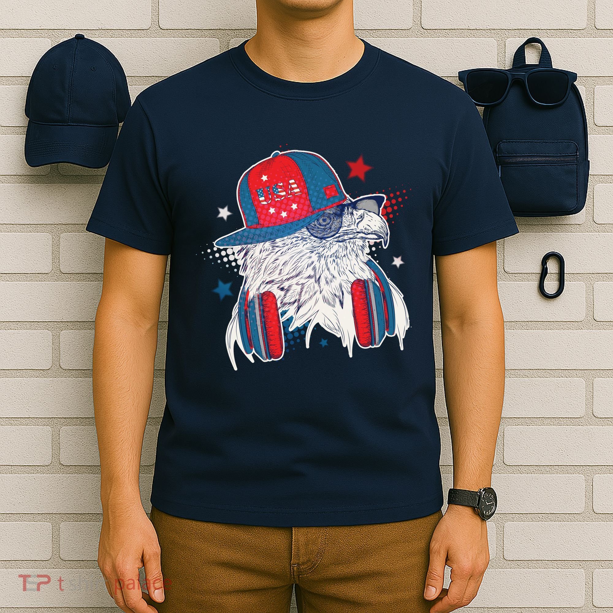 Cool American USA Flag Hipster DJ Eagle T-Shirt