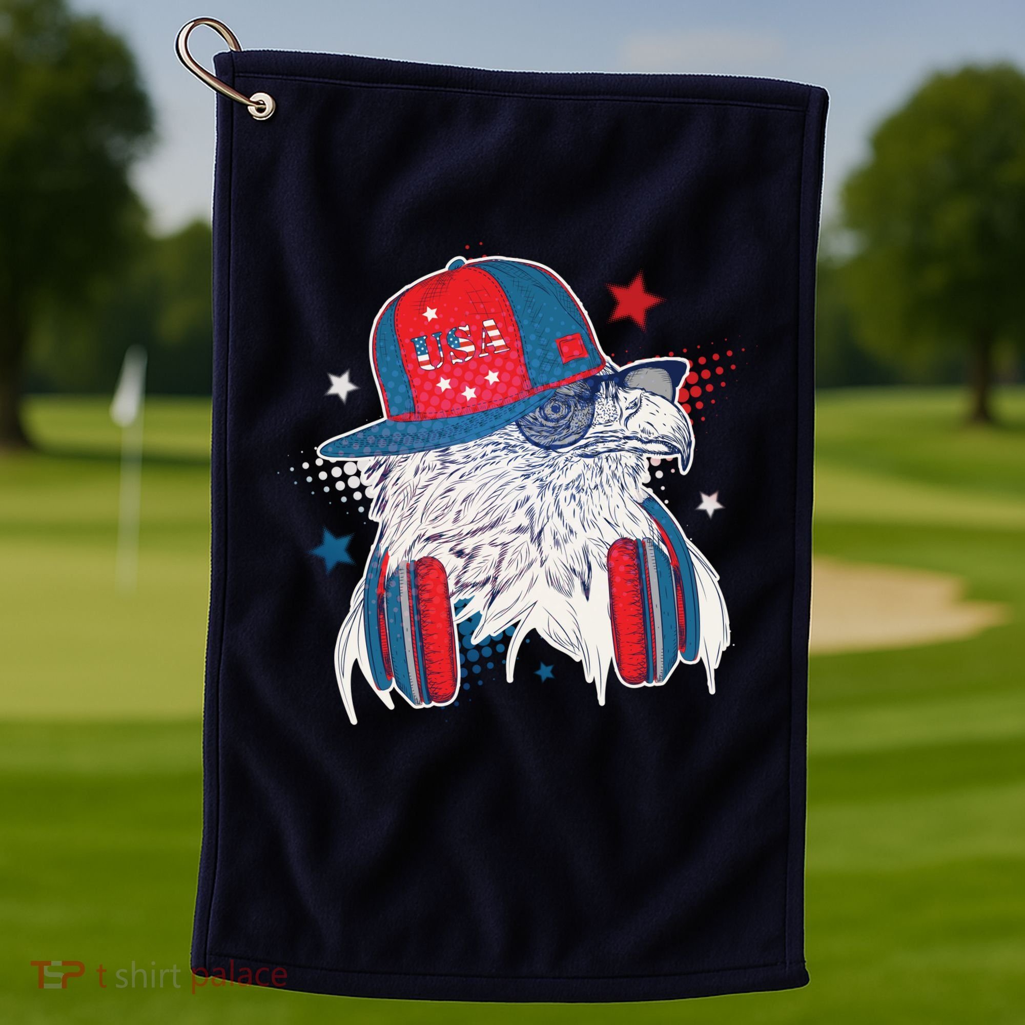 Cool American USA Flag Hipster DJ Eagle Golf Towel