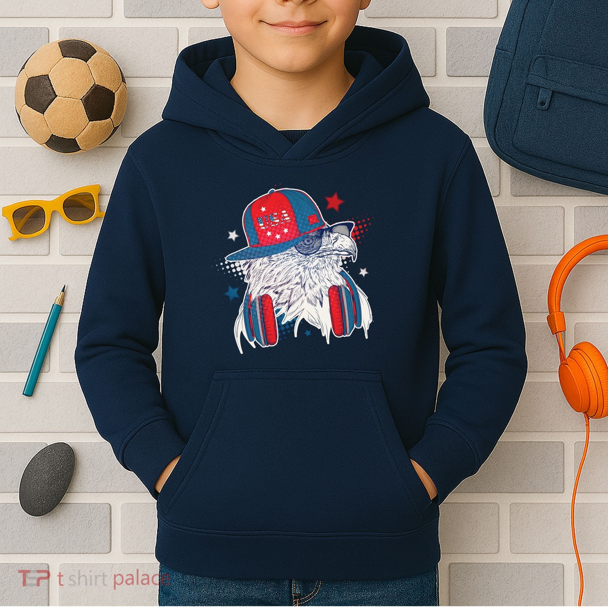Cool American USA Flag Hipster DJ Eagle Kids Hoodie