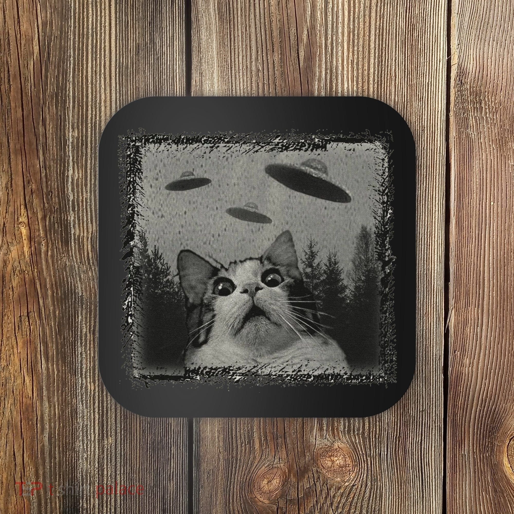 Cat And UFOs Funny Cat Lover Funny Cute Cat Meme Coaster