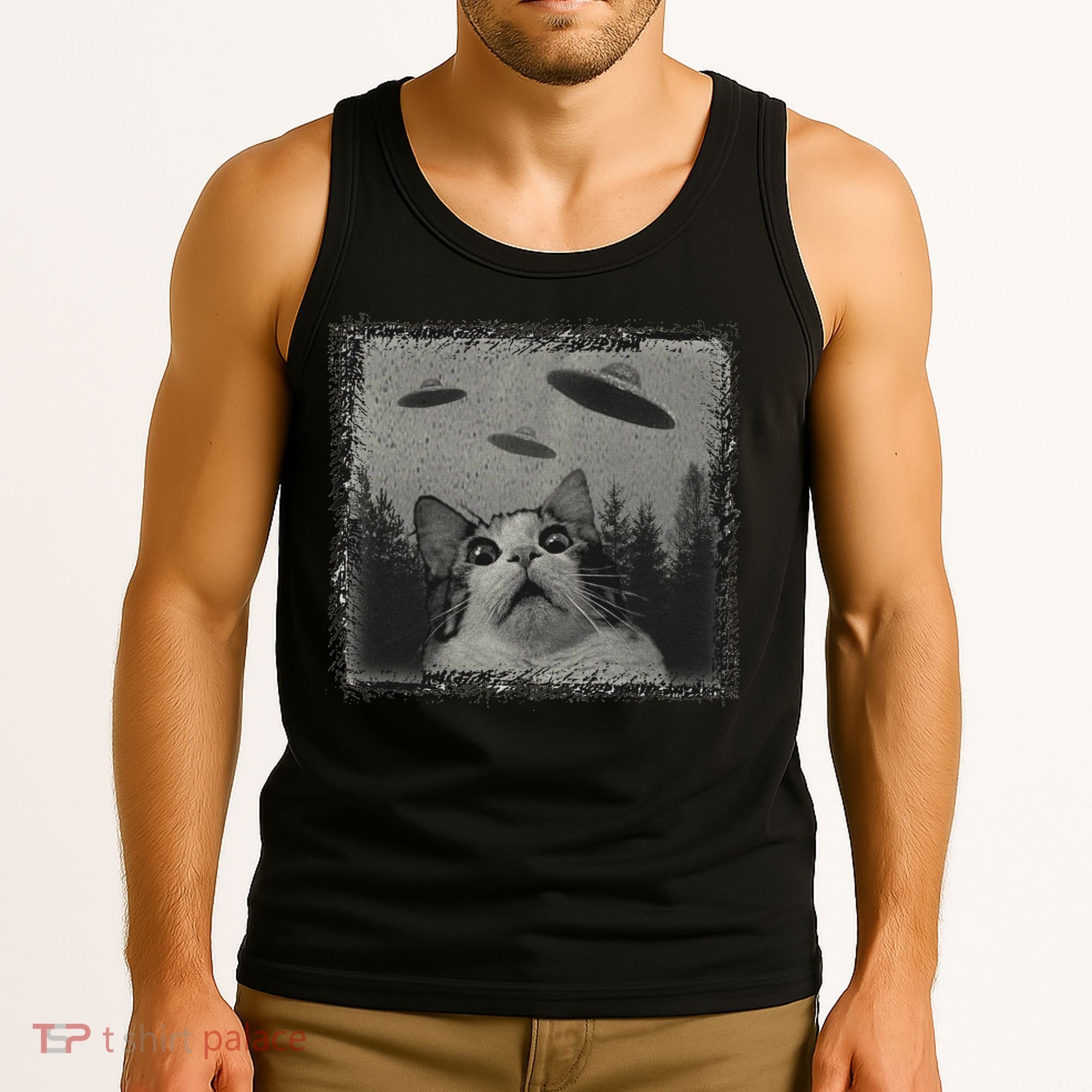 Cat And UFOs Funny Cat Lover Funny Cute Cat Meme Tank Top