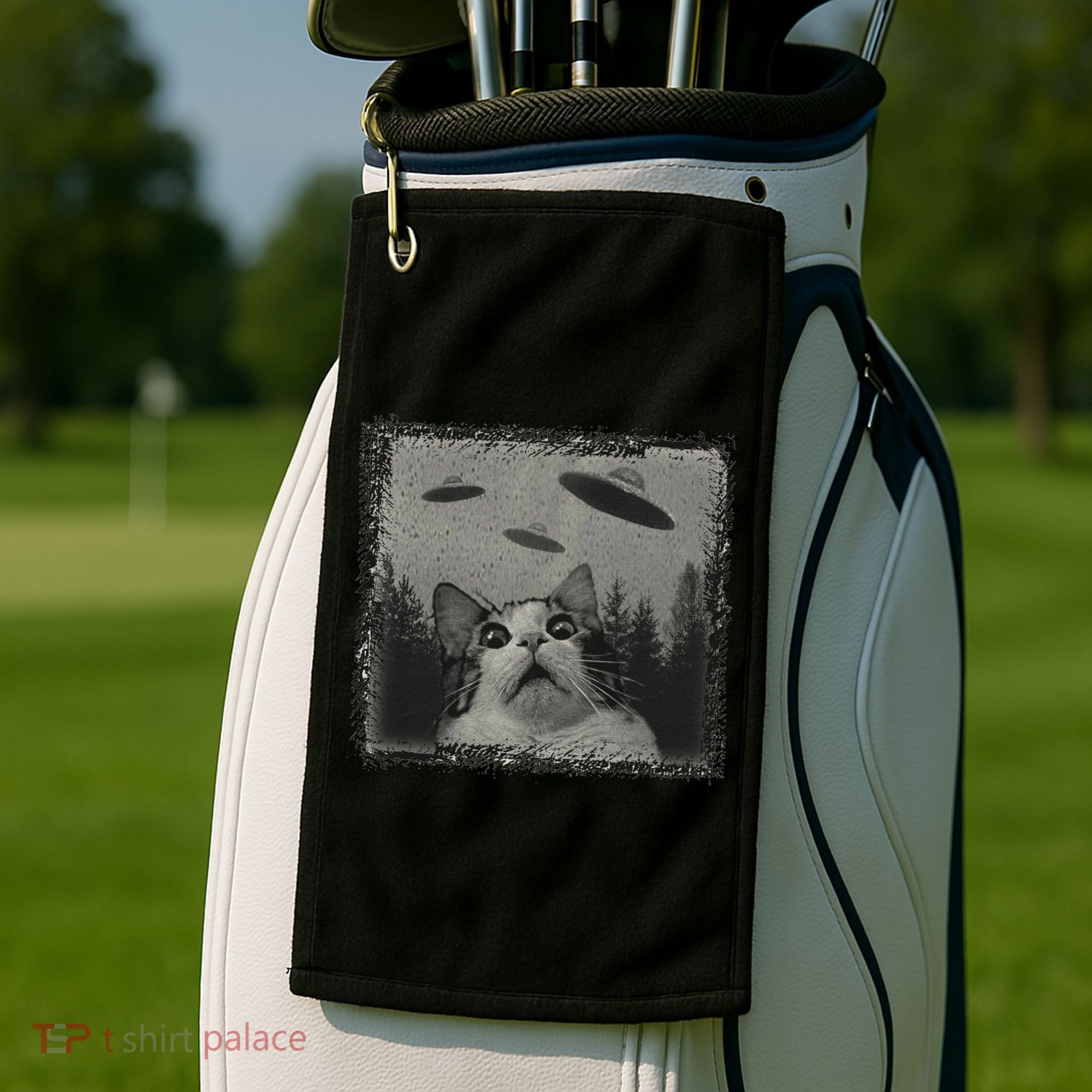 Cat And UFOs Funny Cat Lover Funny Cute Cat Meme Golf Towel