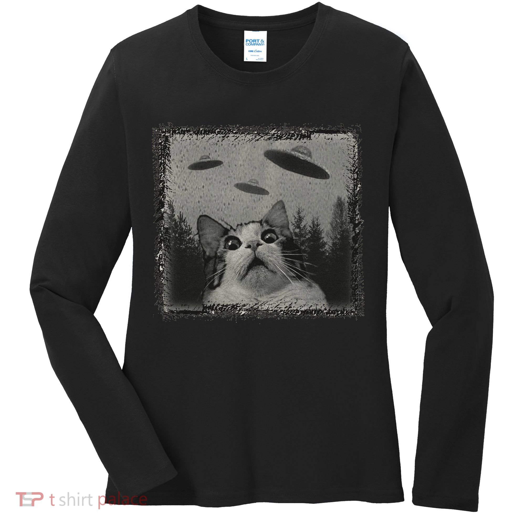 Cat And UFOs Funny Cat Lover Funny Cute Cat Meme Women's Long Sleeve Shirt
