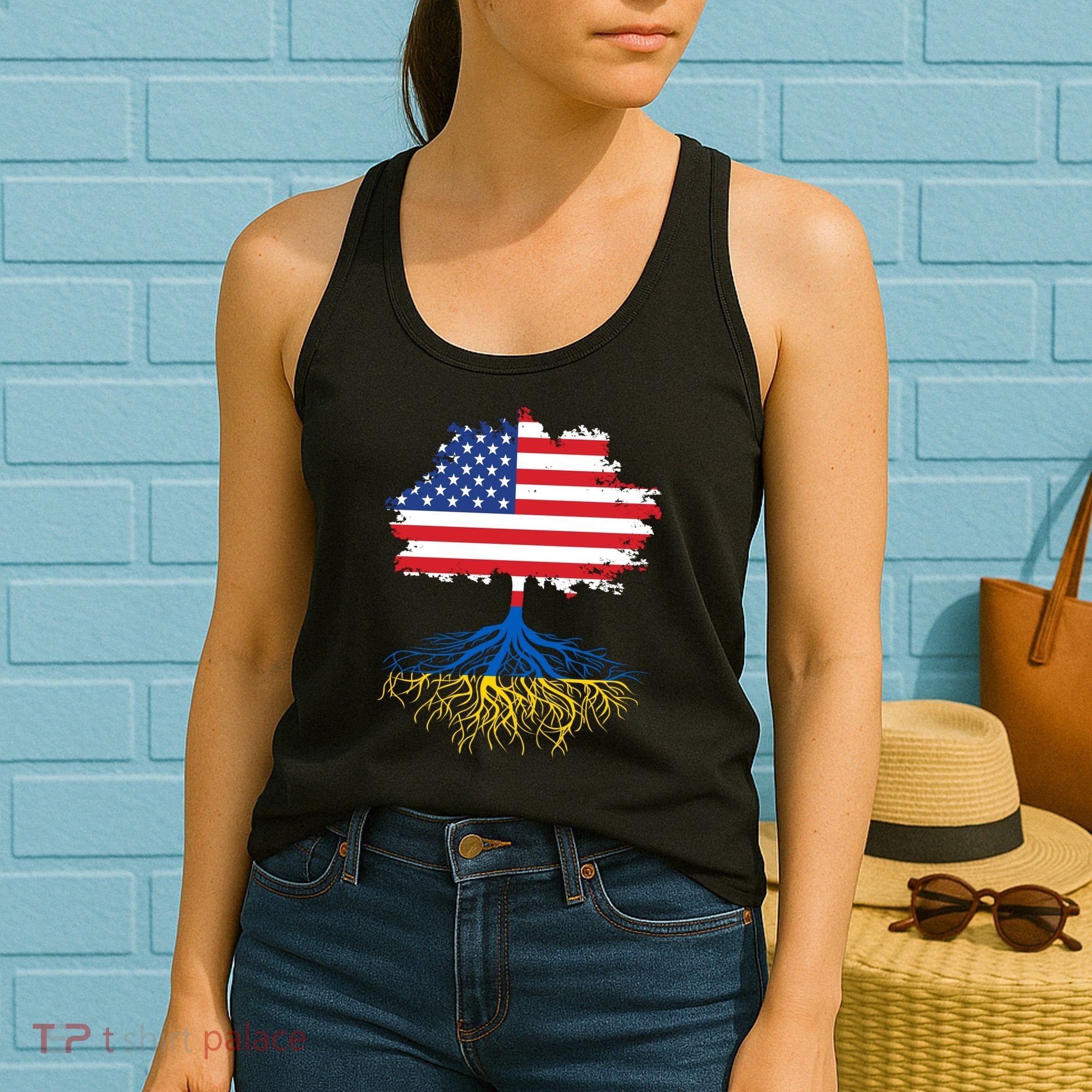 Cool American Ukrainian Roots I Stand With Ukraine USA Ukraine Flags Women's Tank Top