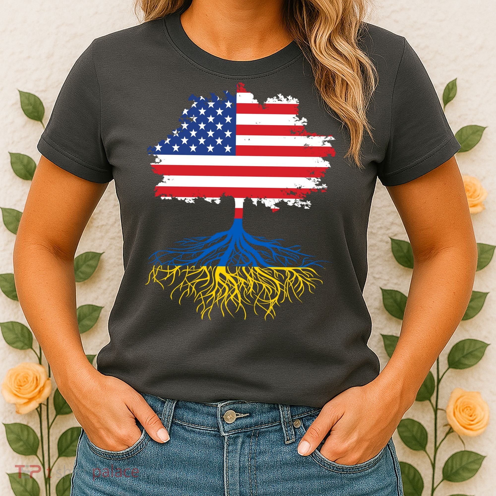 Cool American Ukrainian Roots I Stand With Ukraine USA Ukraine Flags Women's T-Shirt