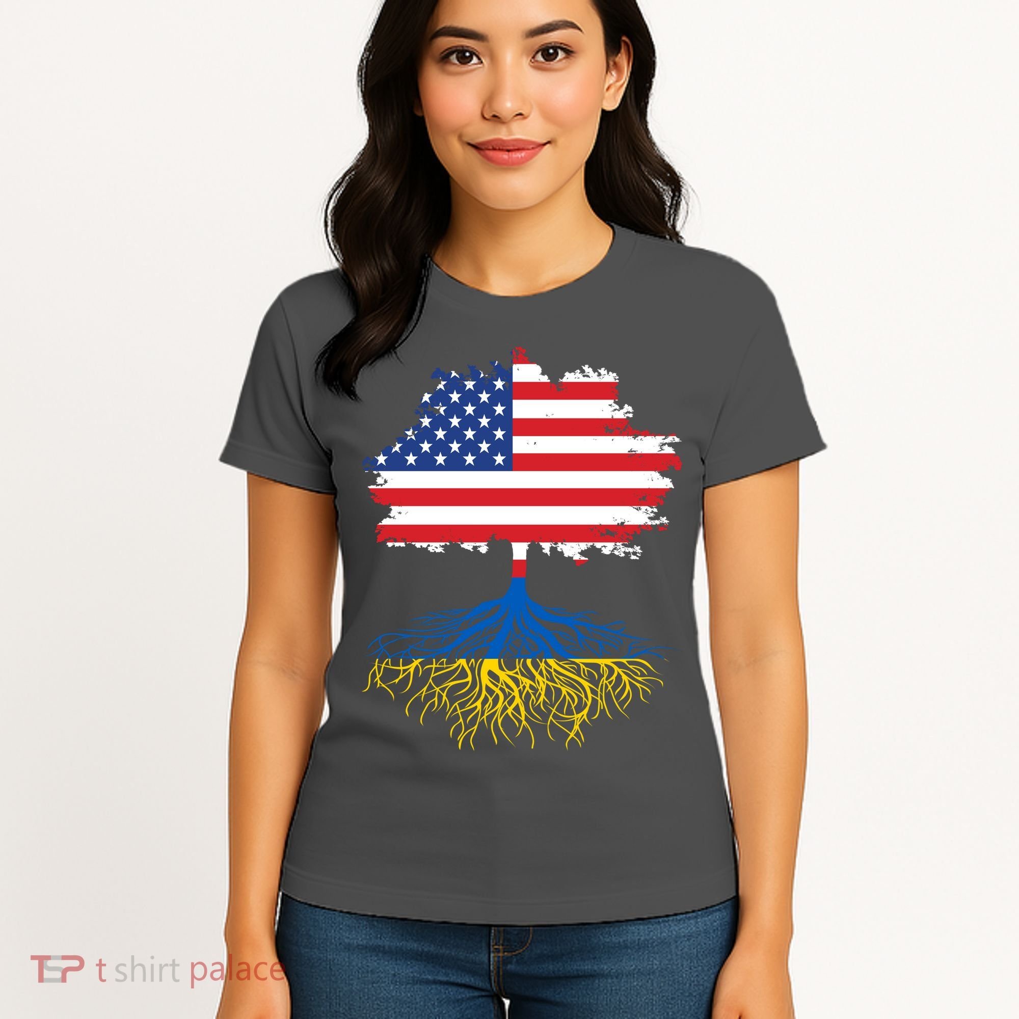 Cool American Ukrainian Roots I Stand With Ukraine USA Ukraine Flags Women's T-Shirt